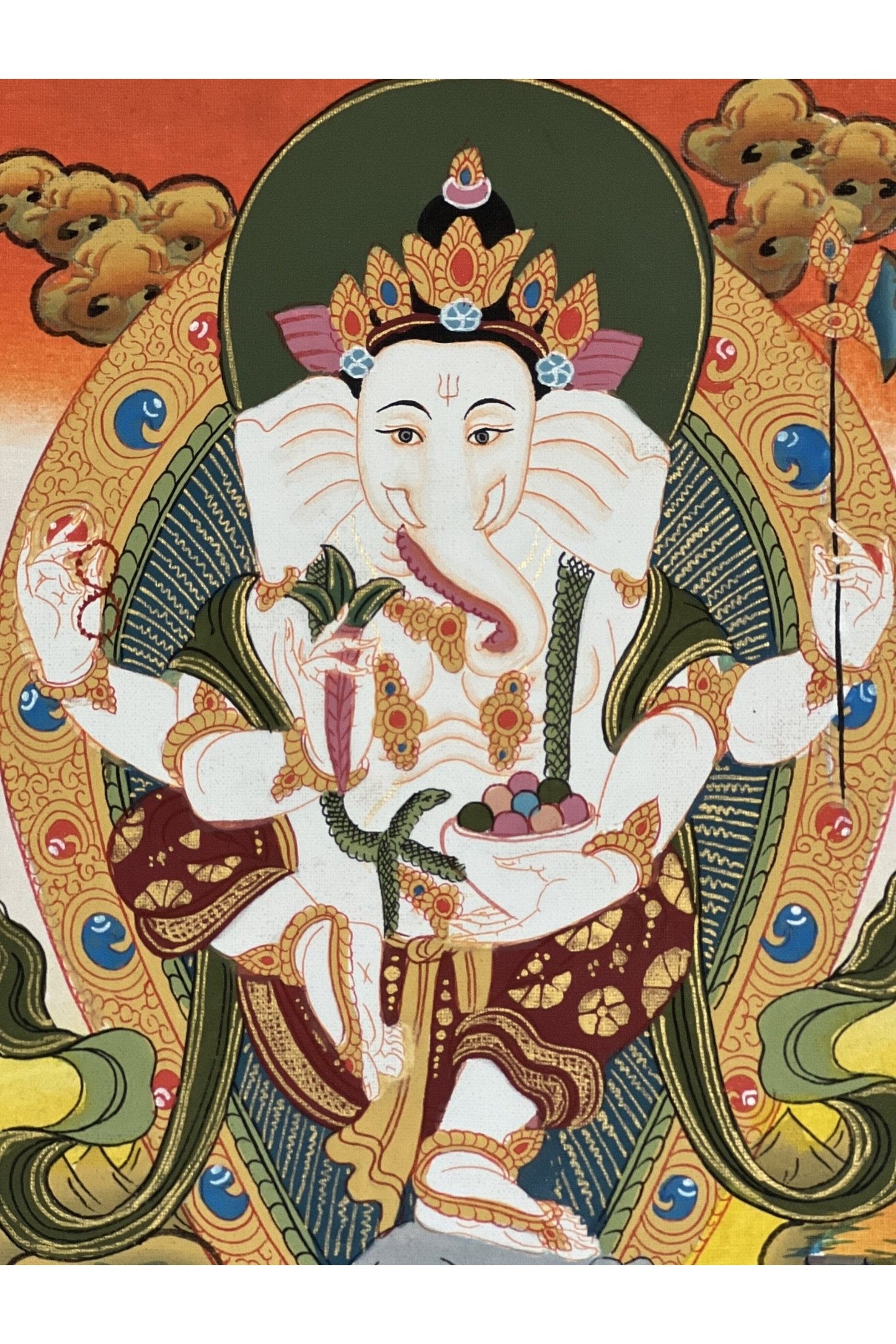 Four Armed Ganesha/ Ganesh/ Ganapati/ Vinayaka Hindu Painting/ Thangka Painting, Original Art with Silk Frame ( Brocade) - Tibetan Thangka Art