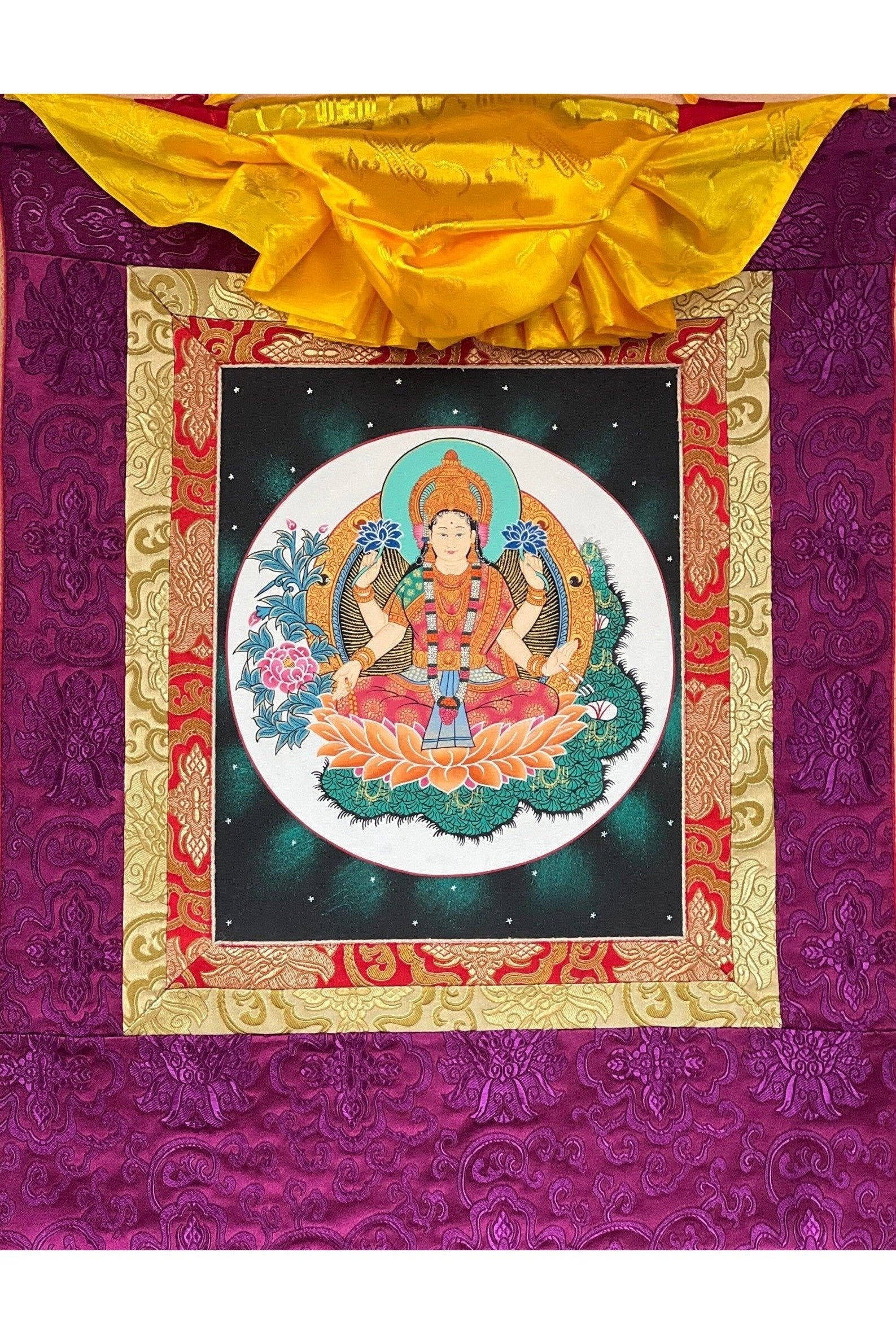 Goddess Laxmi/ Asta Laxmi/ Mahalaxmi/ Goddess of Wealth and Prosperity Thangka Painting, Original Hindu Buddhist Art with Silk Frame - Tibetan Thangka Art