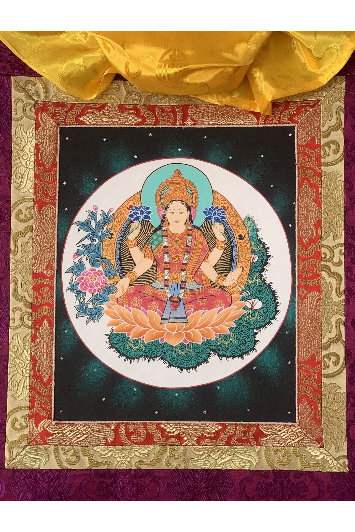 Goddess Laxmi/ Asta Laxmi/ Mahalaxmi/ Goddess of Wealth and Prosperity Thangka Painting, Original Hindu Buddhist Art with Silk Frame - Tibetan Thangka Art