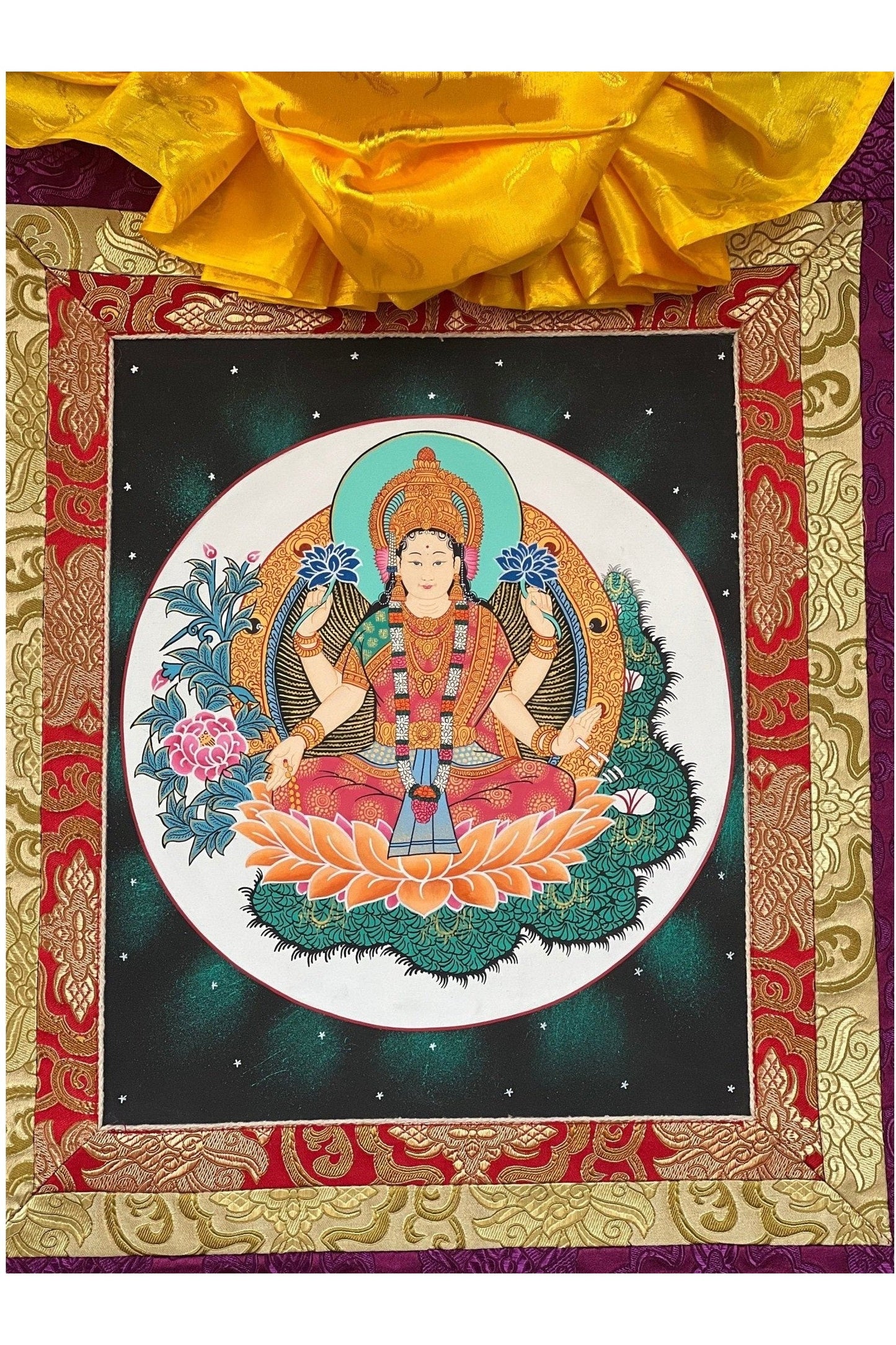 Goddess Laxmi/ Asta Laxmi/ Mahalaxmi/ Goddess of Wealth and Prosperity Thangka Painting, Original Hindu Buddhist Art with Silk Frame - Tibetan Thangka Art