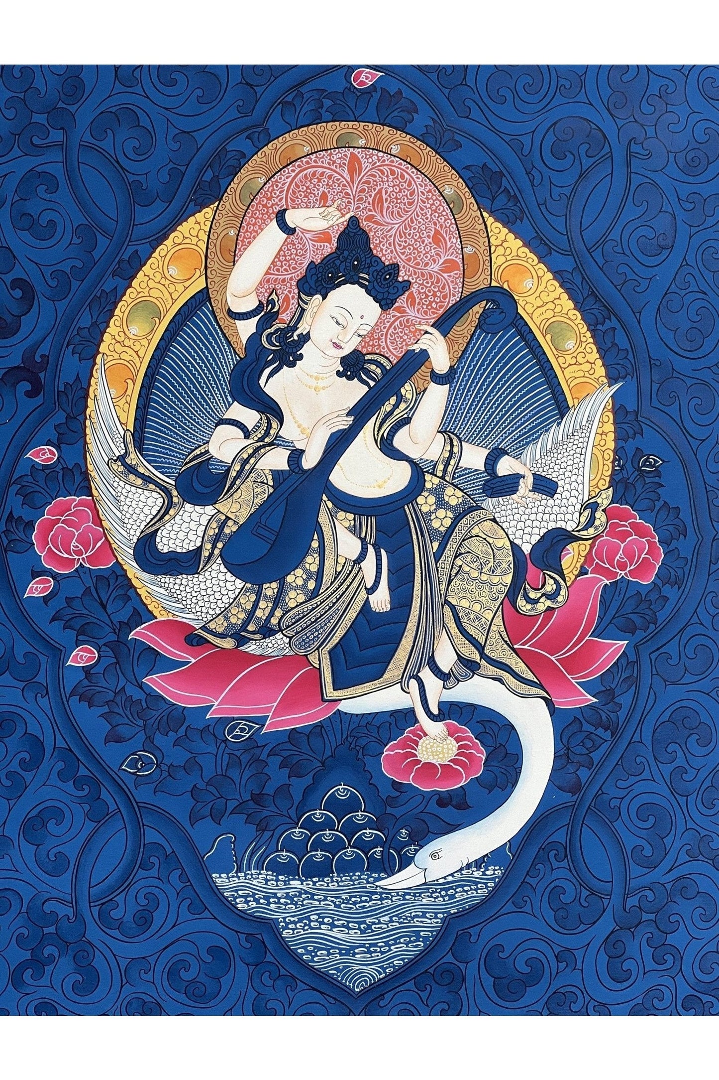 Goddess Saraswoti Mother of Wisdom Learning and Music Hindu Buddhist Thangka Painting Original Hand - painted Art - Tibetan Thangka Art