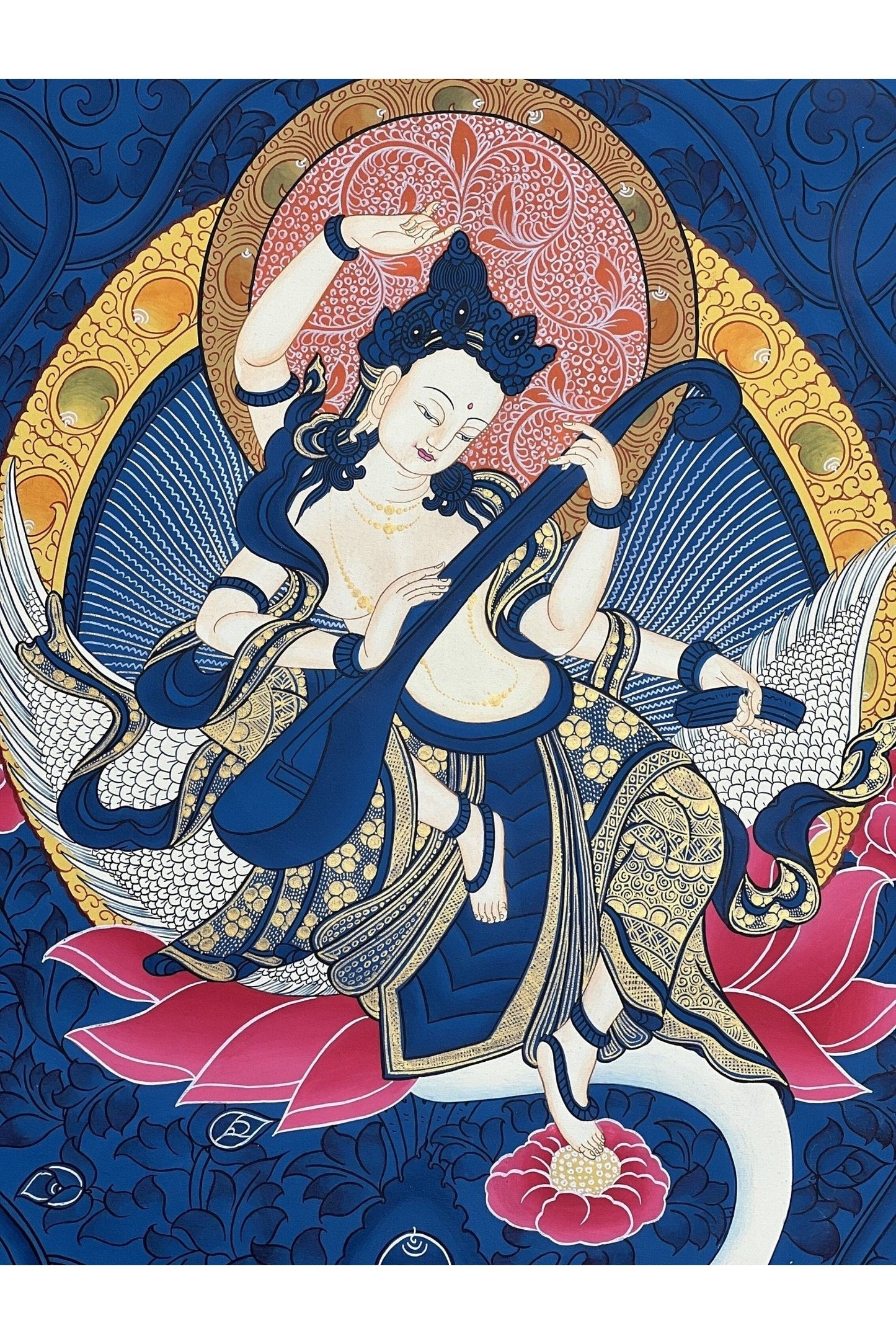 Goddess Saraswoti Mother of Wisdom Learning and Music Hindu Buddhist Thangka Painting Original Hand - painted Art - Tibetan Thangka Art