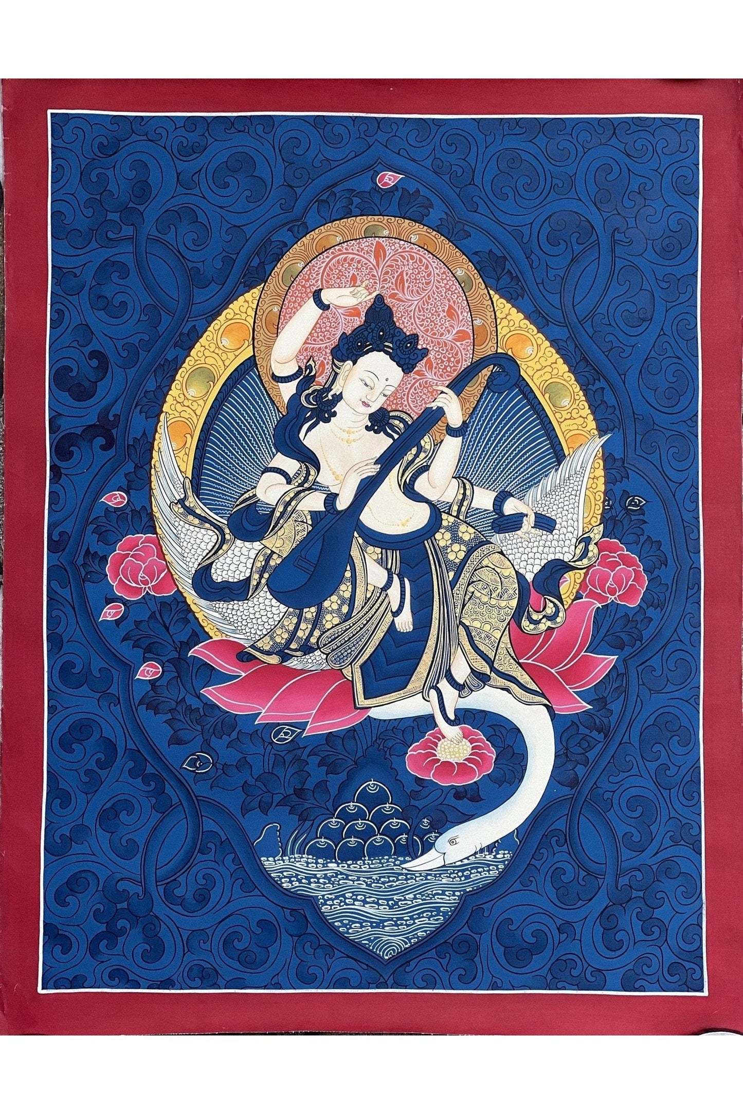 Goddess Saraswoti Mother of Wisdom Learning and Music Hindu Buddhist Thangka Painting Original Hand - painted Art - Tibetan Thangka Art