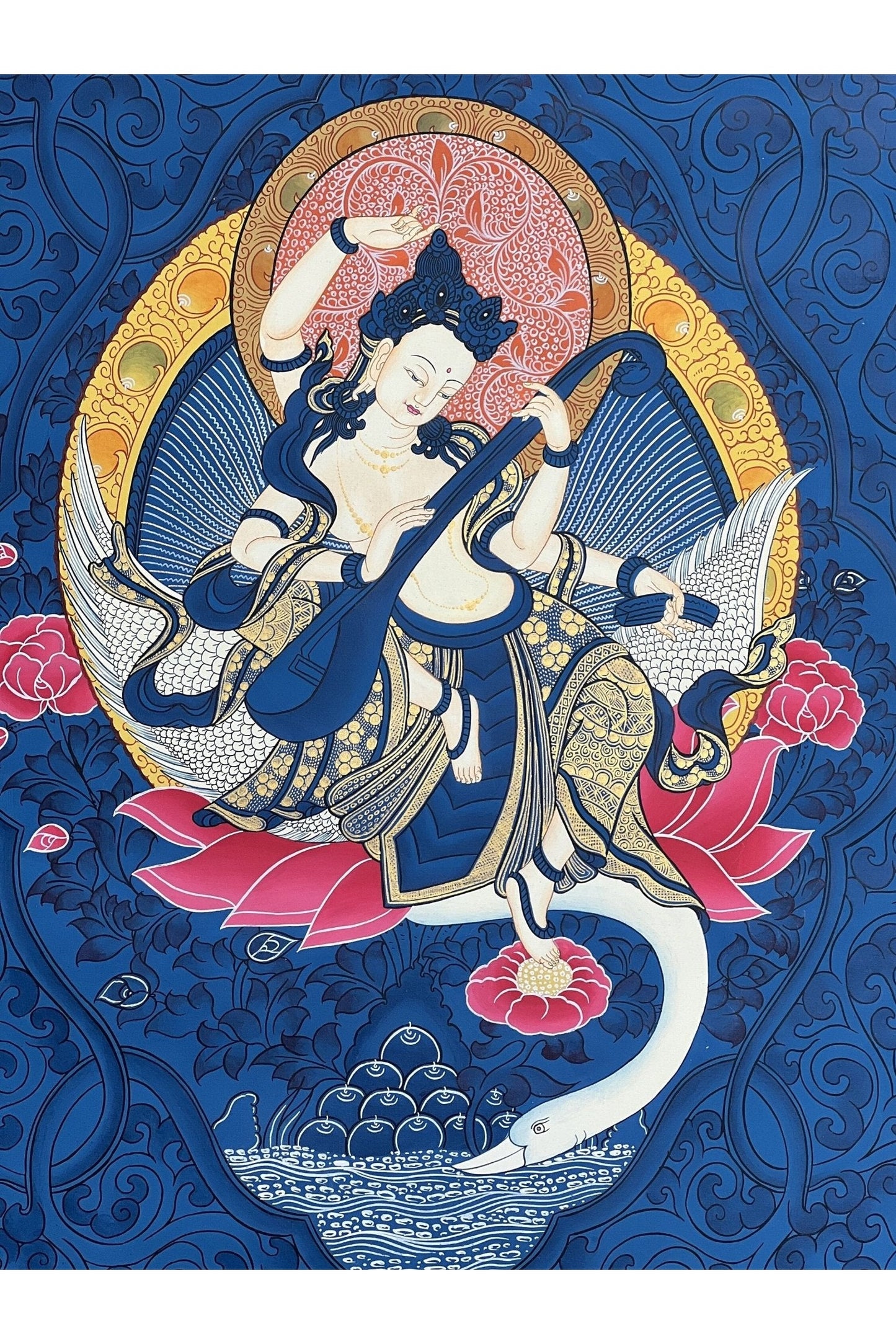 Goddess Saraswoti Mother of Wisdom Learning and Music Hindu Buddhist Thangka Painting Original Hand - painted Art - Tibetan Thangka Art