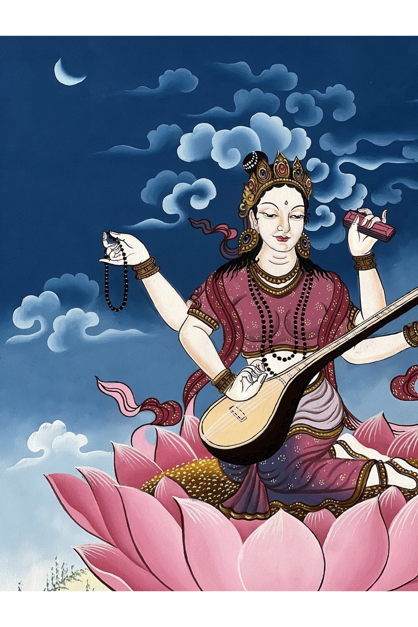 Goddess Saraswoti Mother of Wisdom Learning and Music Newari Paubha Thangka Painting Original Art - Tibetan Thangka Art