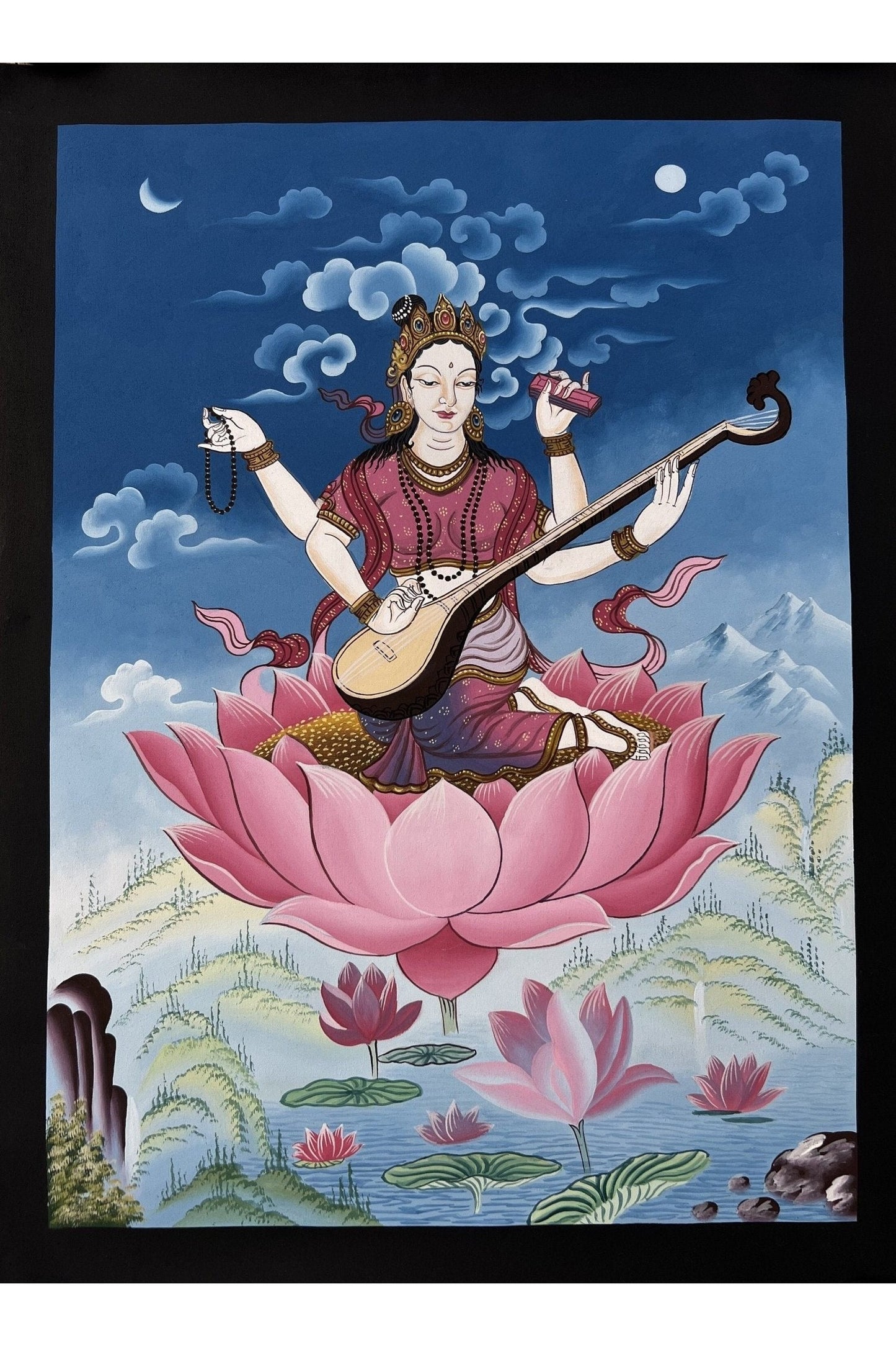 Goddess Saraswoti Mother of Wisdom Learning and Music Newari Paubha Thangka Painting Original Art - Tibetan Thangka Art