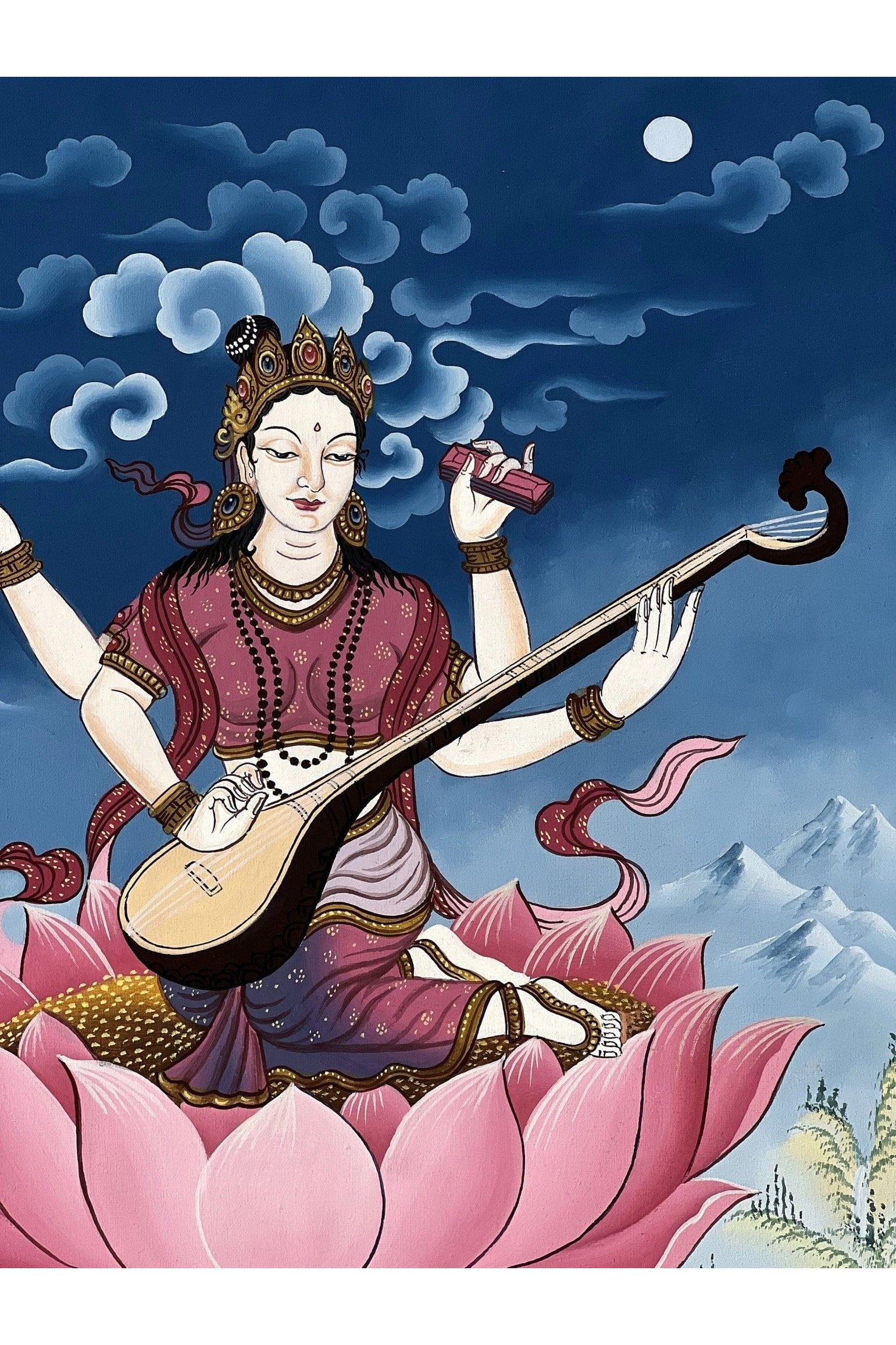 Goddess Saraswoti Mother of Wisdom Learning and Music Newari Paubha Thangka Painting Original Art - Tibetan Thangka Art