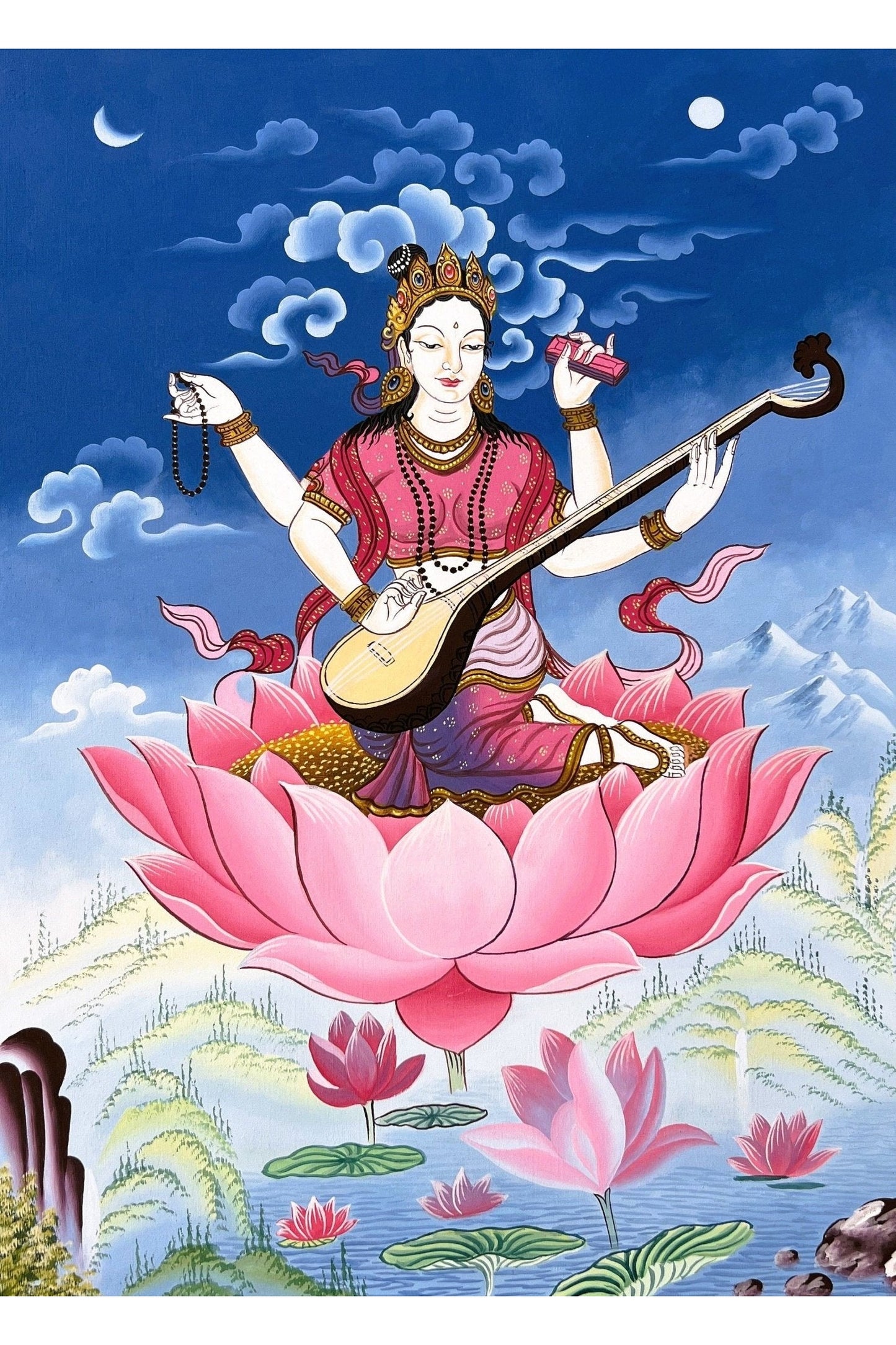 Goddess Saraswoti Mother of Wisdom Learning and Music Newari Paubha Thangka Painting Original Art - Tibetan Thangka Art