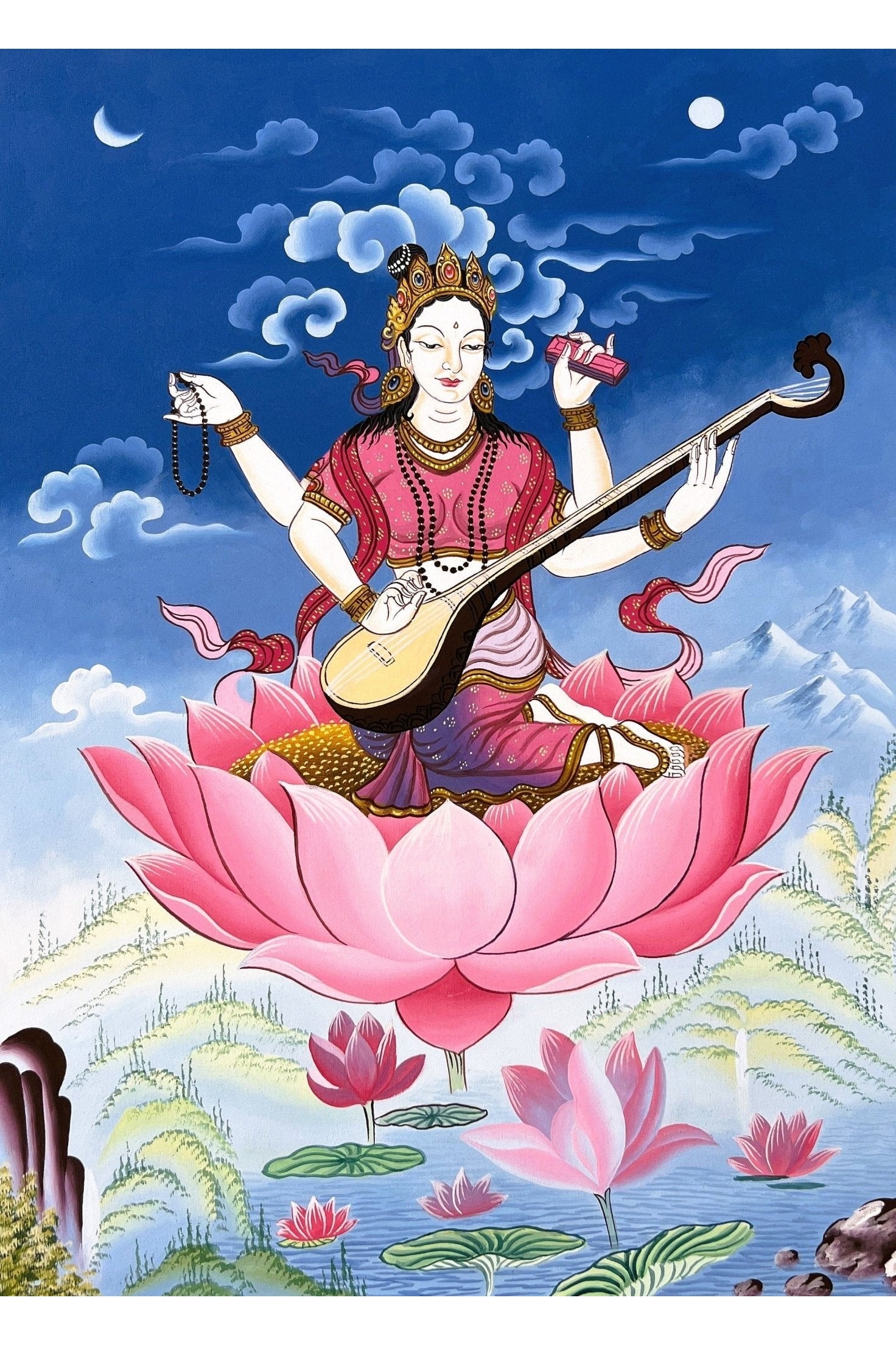 Goddess Saraswoti Mother of Wisdom Learning and Music Newari Paubha Thangka Painting Original Art - Tibetan Thangka Art