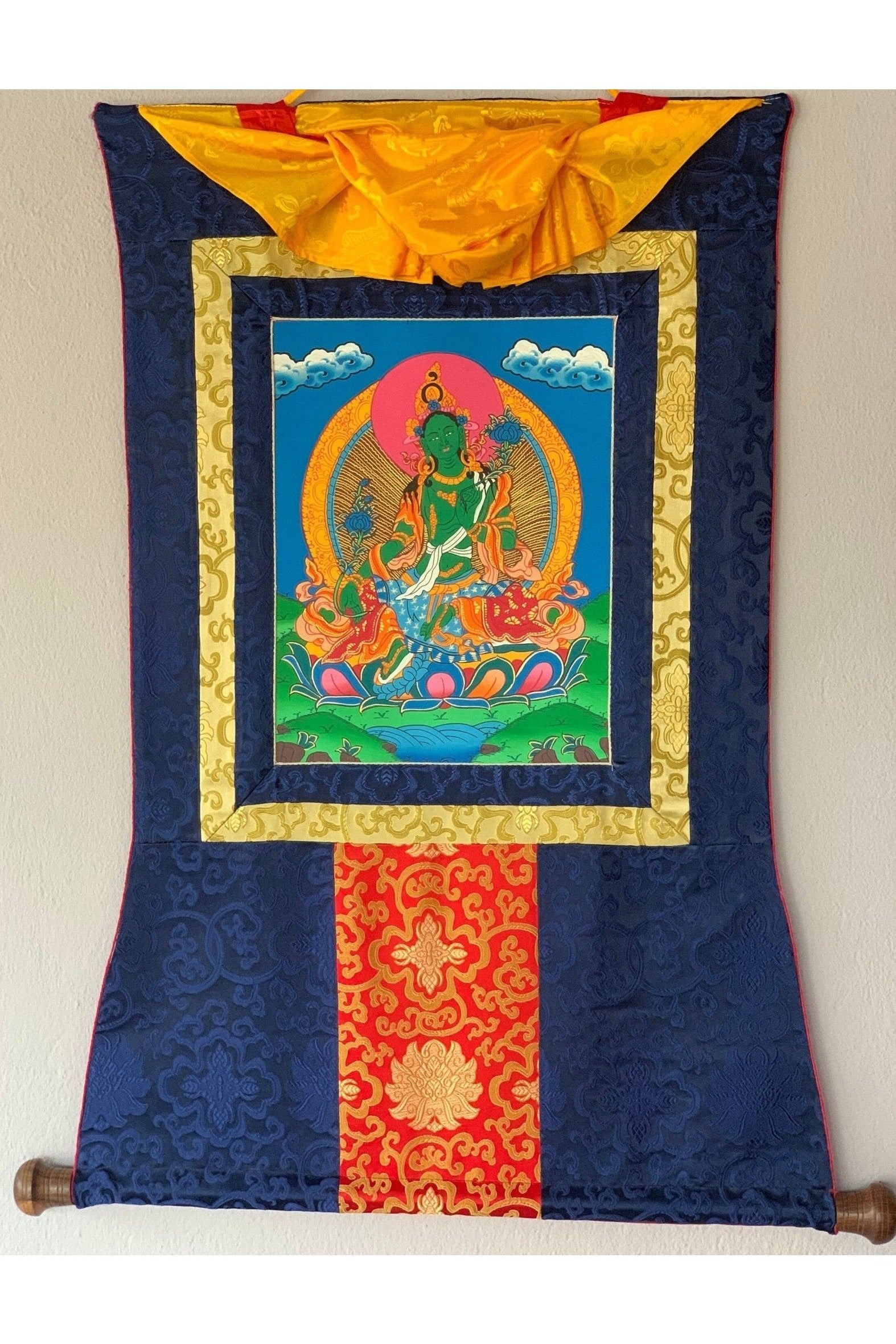 Green Tara/ Shyamatara/ Divine Mother Tibetan Thangka Painting, Original Art with Silk Brocade - Tibetan Thangka Art