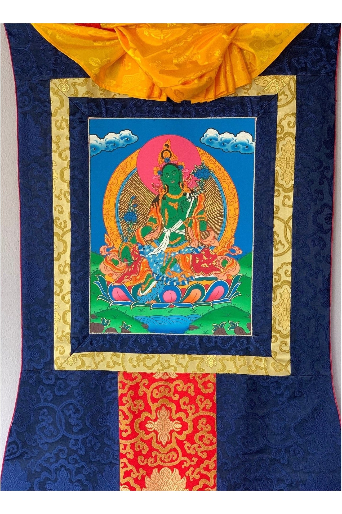 Green Tara/ Shyamatara/ Divine Mother Tibetan Thangka Painting, Original Art with Silk Brocade - Tibetan Thangka Art