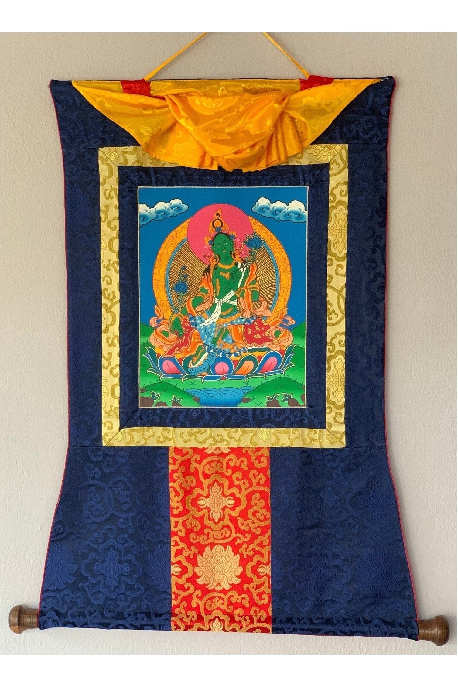 Green Tara/ Shyamatara/ Divine Mother Tibetan Thangka Painting, Original Art with Silk Brocade - Tibetan Thangka Art