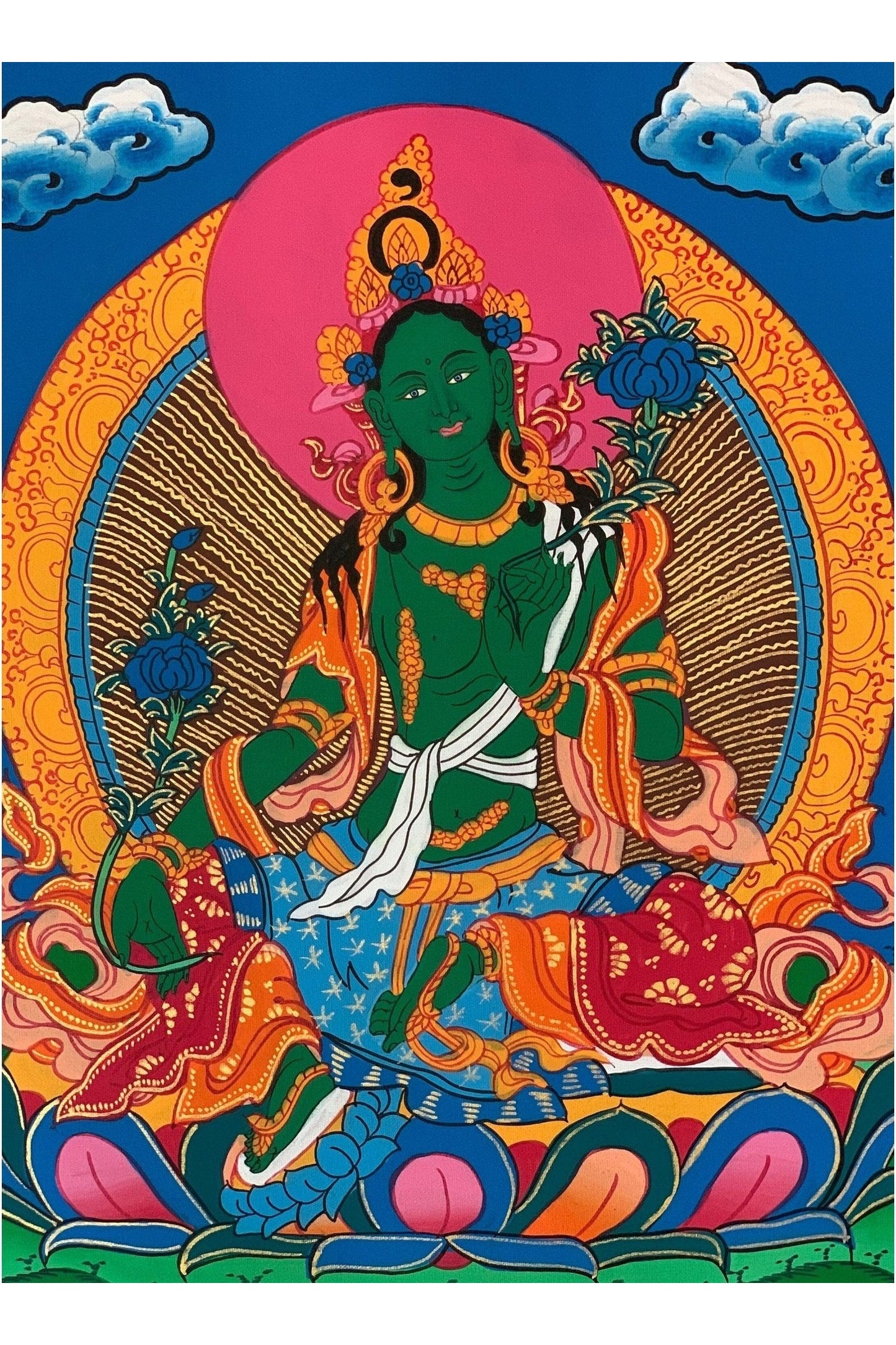 Green Tara/ Shyamatara/ Divine Mother Tibetan Thangka Painting, Original Art with Silk Brocade - Tibetan Thangka Art