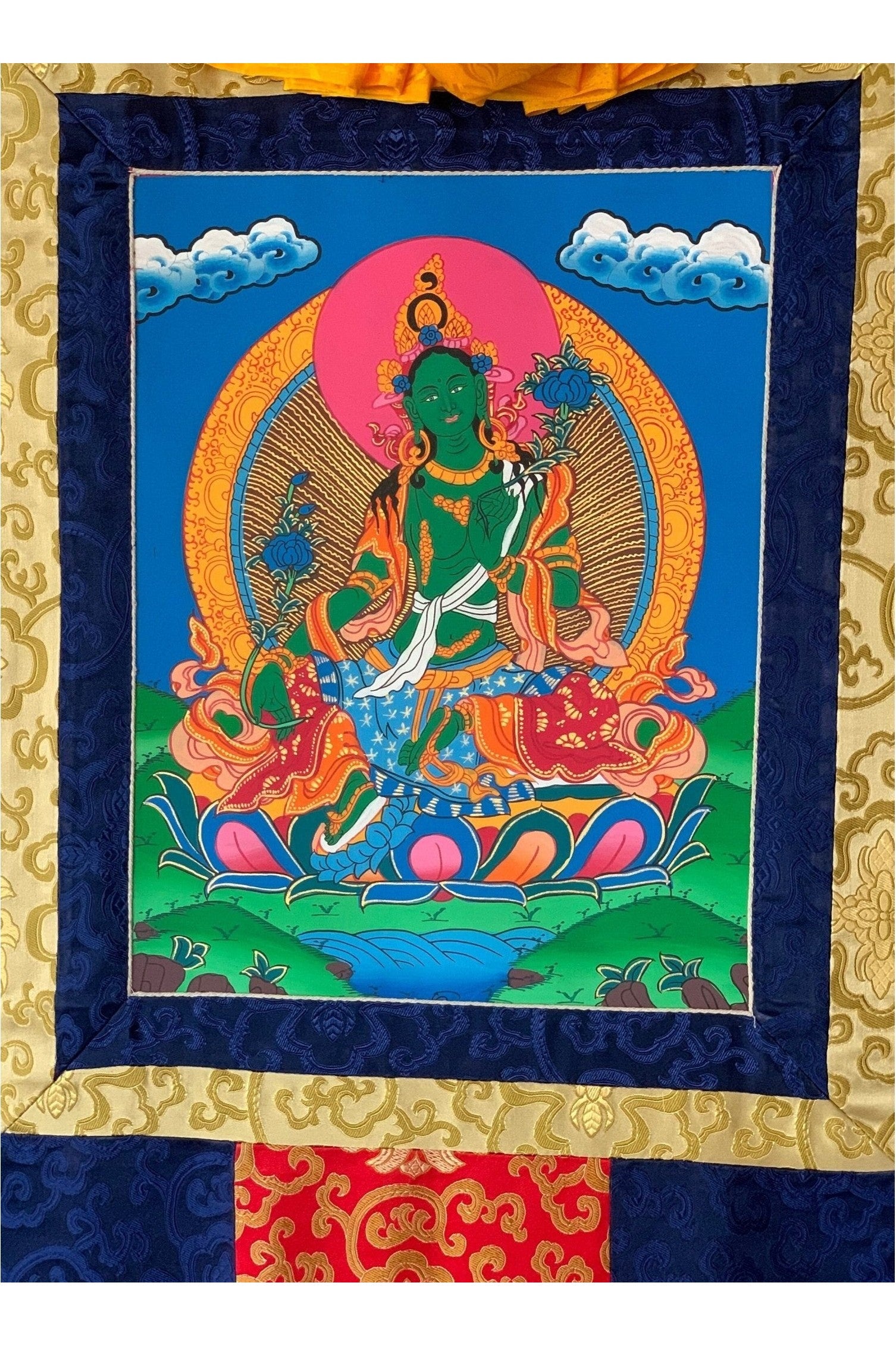 Green Tara/ Shyamatara/ Divine Mother Tibetan Thangka Painting, Original Art with Silk Brocade - Tibetan Thangka Art