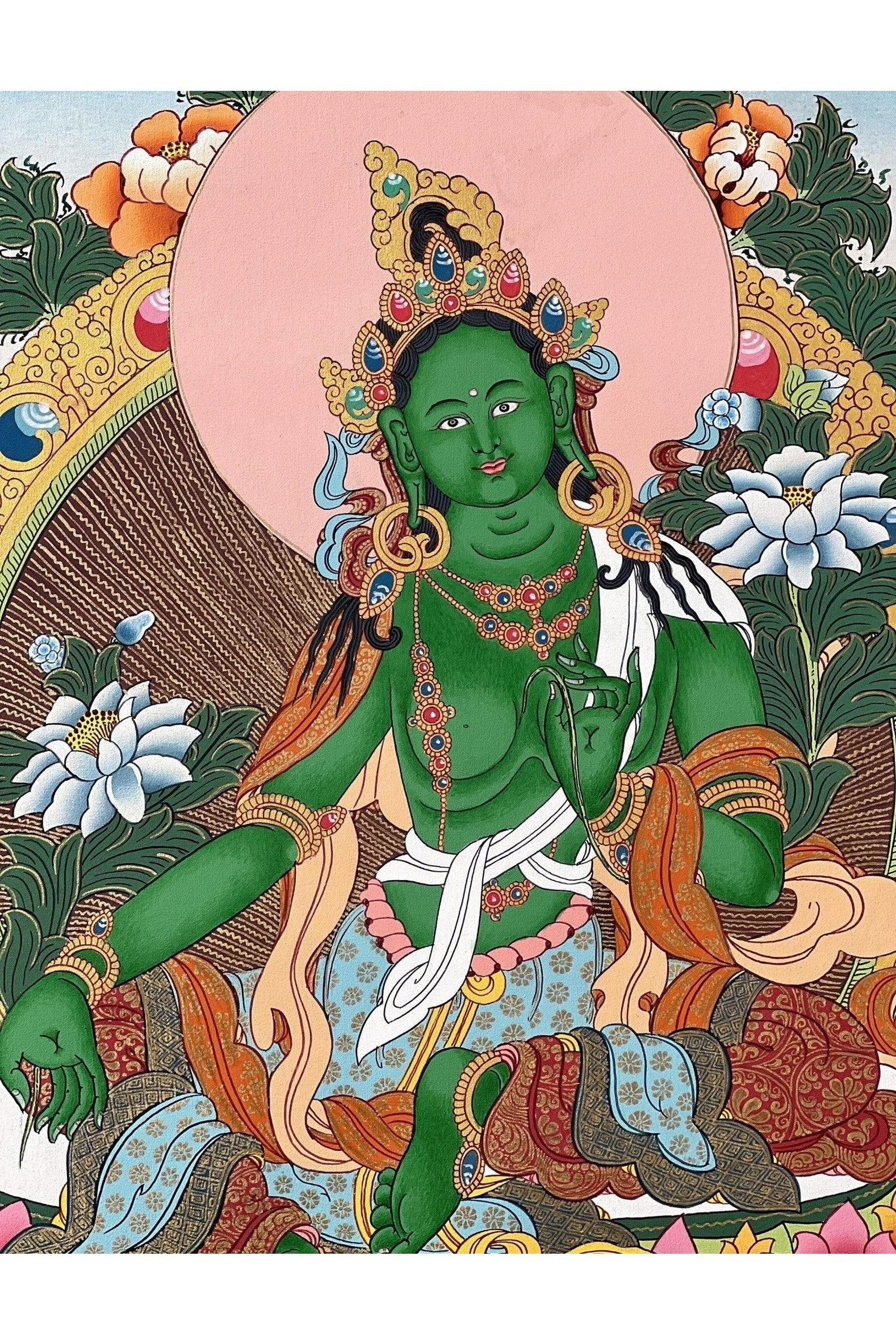 Green Tara, Shyamatara, Goddess of Compassion, High Quality Masterpiece Tibetan Thangka Painting, Original Art - Tibetan Thangka Art