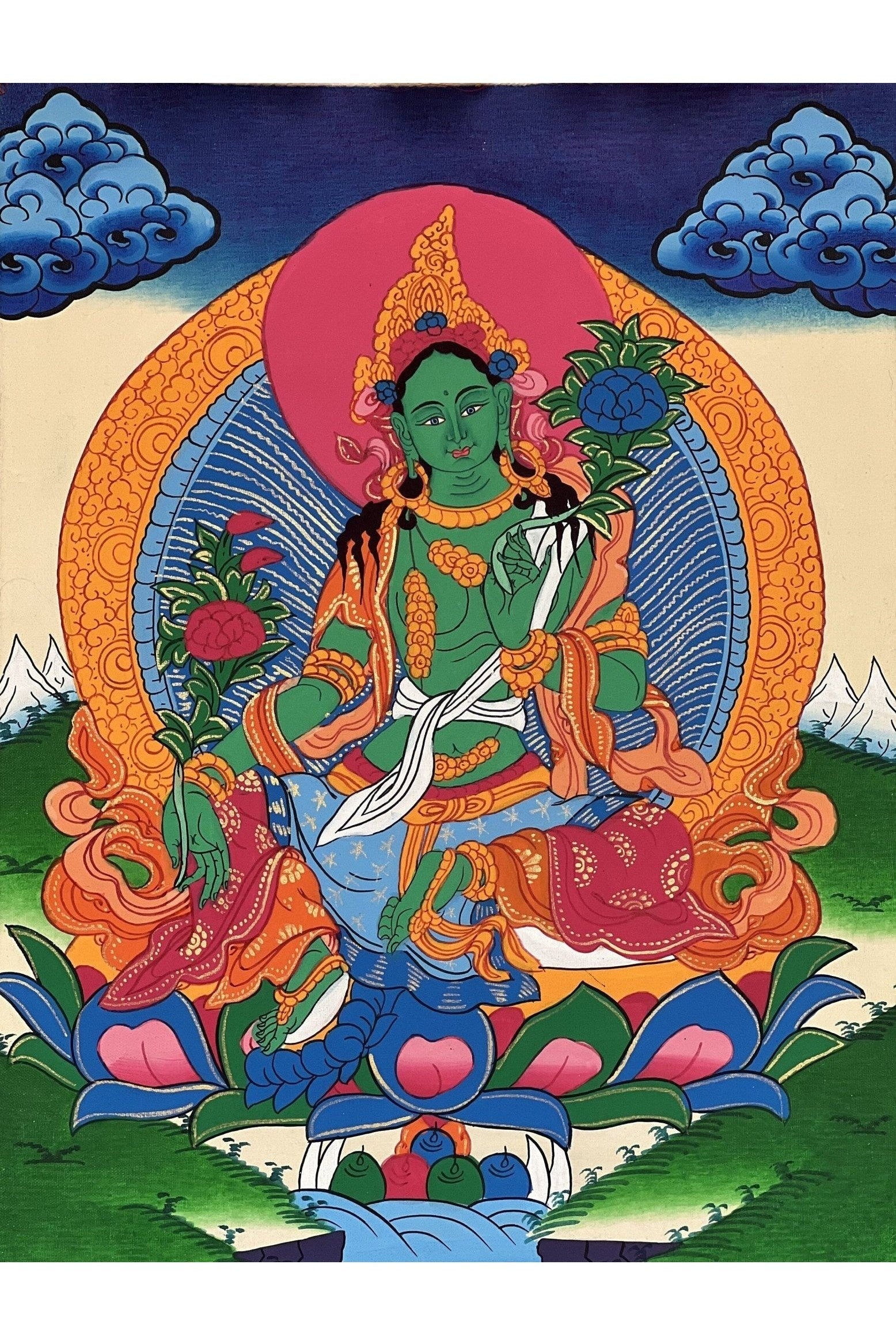 Green Tara/ Shyamatara / Goddess of Compassion Original Tibetan Thangka Painting/ Buddhist Art with Silk Border - Tibetan Thangka Art