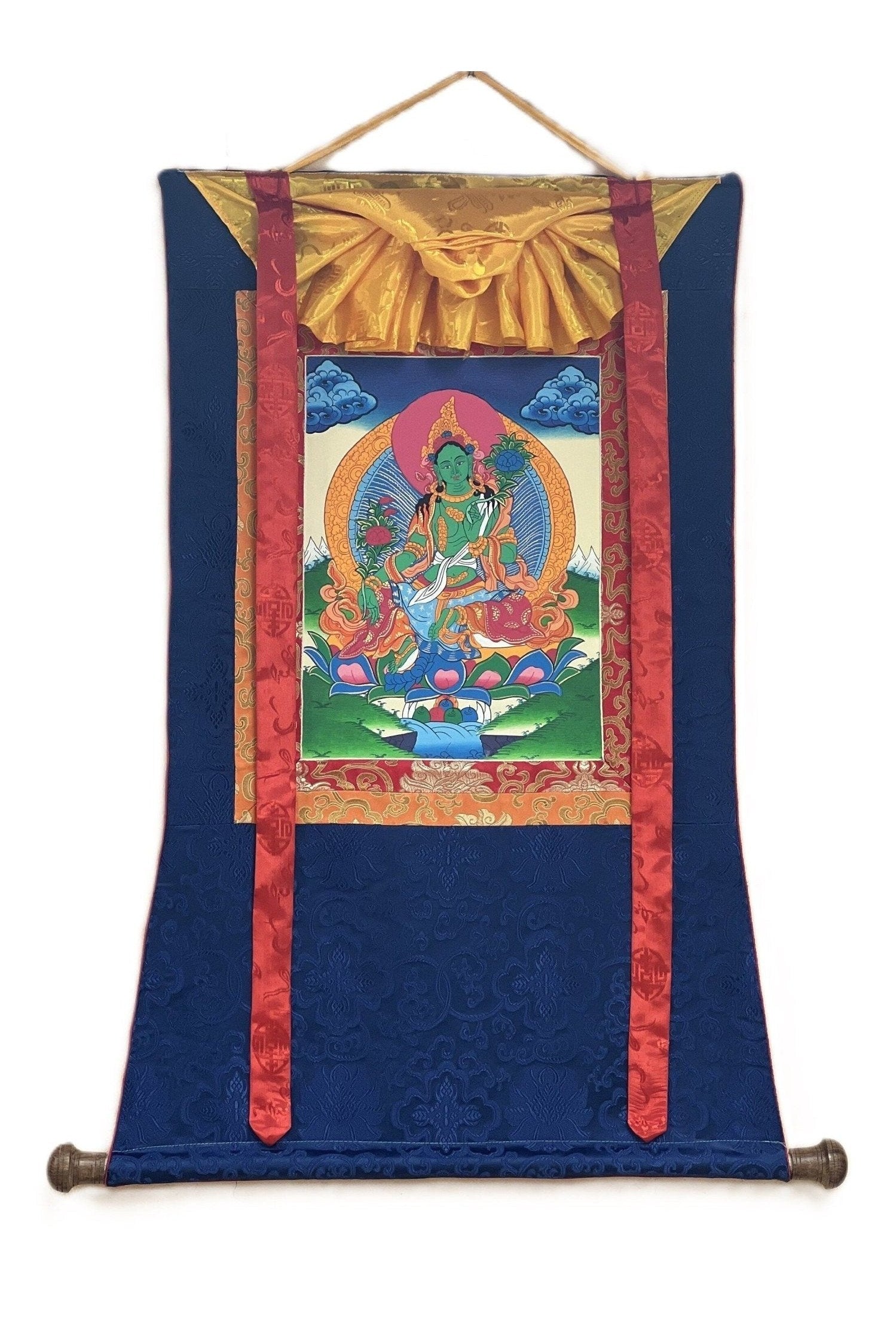 Green Tara/ Shyamatara / Goddess of Compassion Original Tibetan Thangka Painting/ Buddhist Art with Silk Border - Tibetan Thangka Art