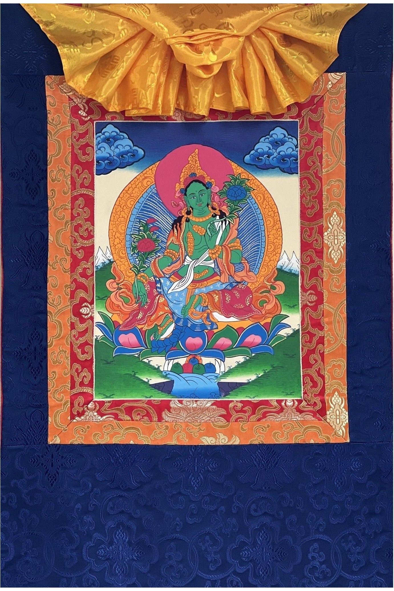 Green Tara/ Shyamatara / Goddess of Compassion Original Tibetan Thangka Painting/ Buddhist Art with Silk Border - Tibetan Thangka Art