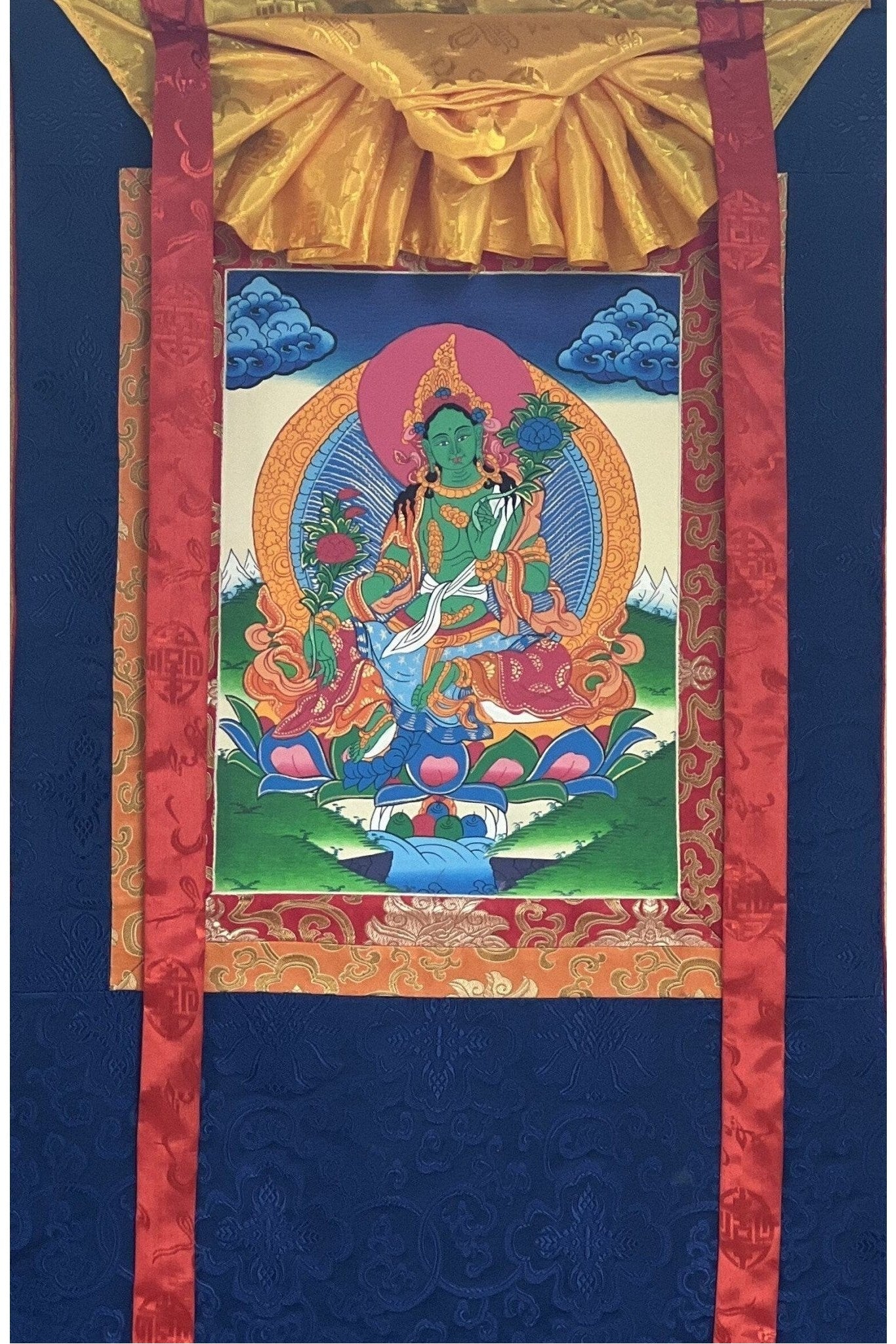 Green Tara/ Shyamatara / Goddess of Compassion Original Tibetan Thangka Painting/ Buddhist Art with Silk Border - Tibetan Thangka Art