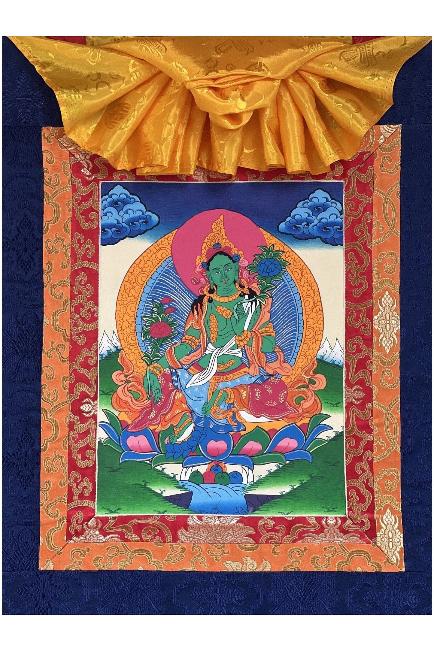 Green Tara/ Shyamatara / Goddess of Compassion Original Tibetan Thangka Painting/ Buddhist Art with Silk Border - Tibetan Thangka Art