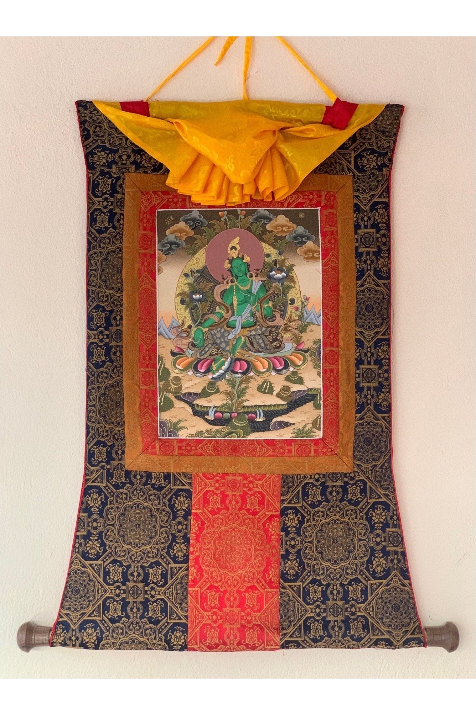 Green Tara, Shyamatara, Goddess of Compassion, Thangka Painting, Original Art with Premium Silk Frame - Tibetan Thangka Art