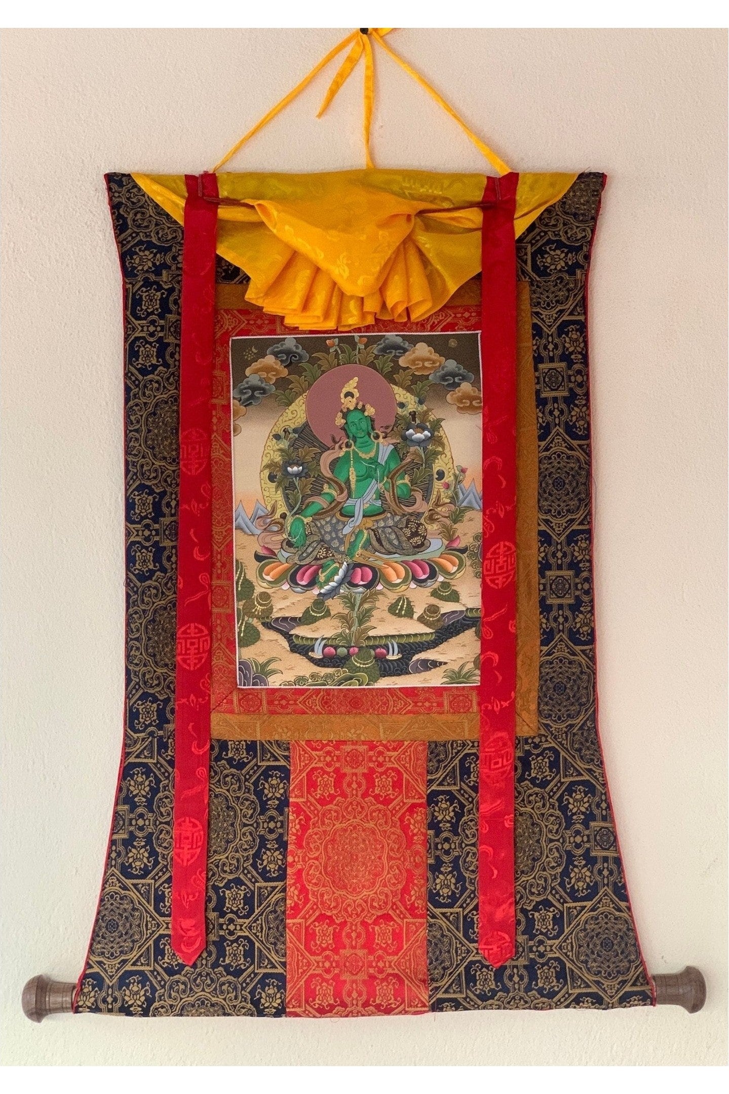 Green Tara, Shyamatara, Goddess of Compassion, Thangka Painting, Original Art with Premium Silk Frame - Tibetan Thangka Art