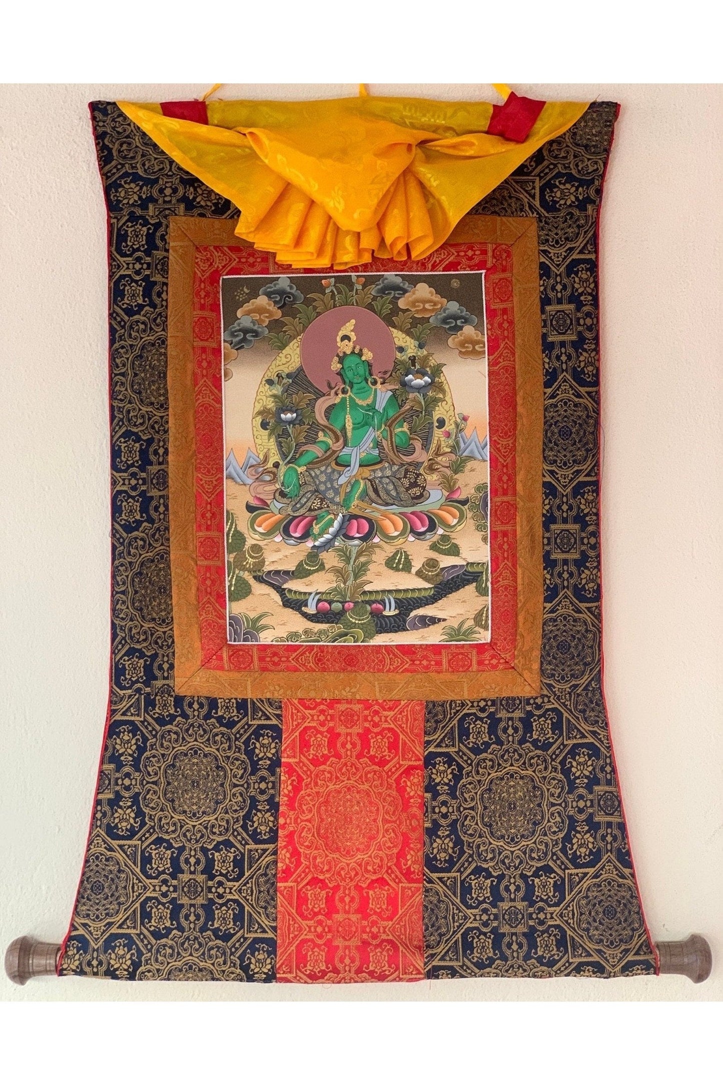 Green Tara, Shyamatara, Goddess of Compassion, Thangka Painting, Original Art with Premium Silk Frame - Tibetan Thangka Art