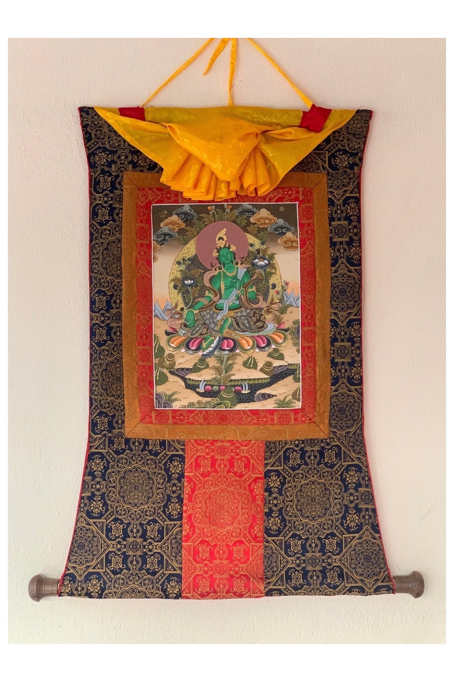 Green Tara, Shyamatara, Goddess of Compassion, Thangka Painting, Original Art with Premium Silk Frame - Tibetan Thangka Art