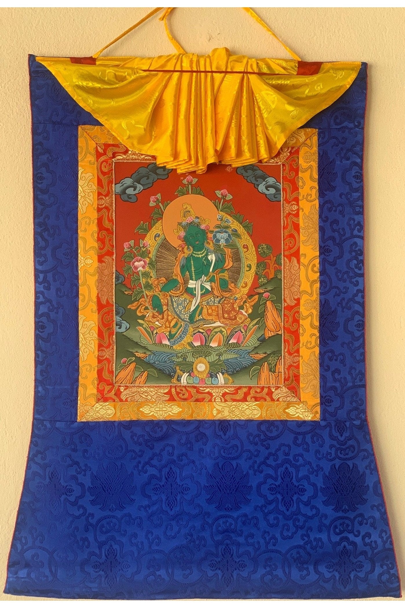 Green Tara, Shyamatara, Goddess of Compassion, Thangka Painting, Original Art with Silk Frame - Tibetan Thangka Art