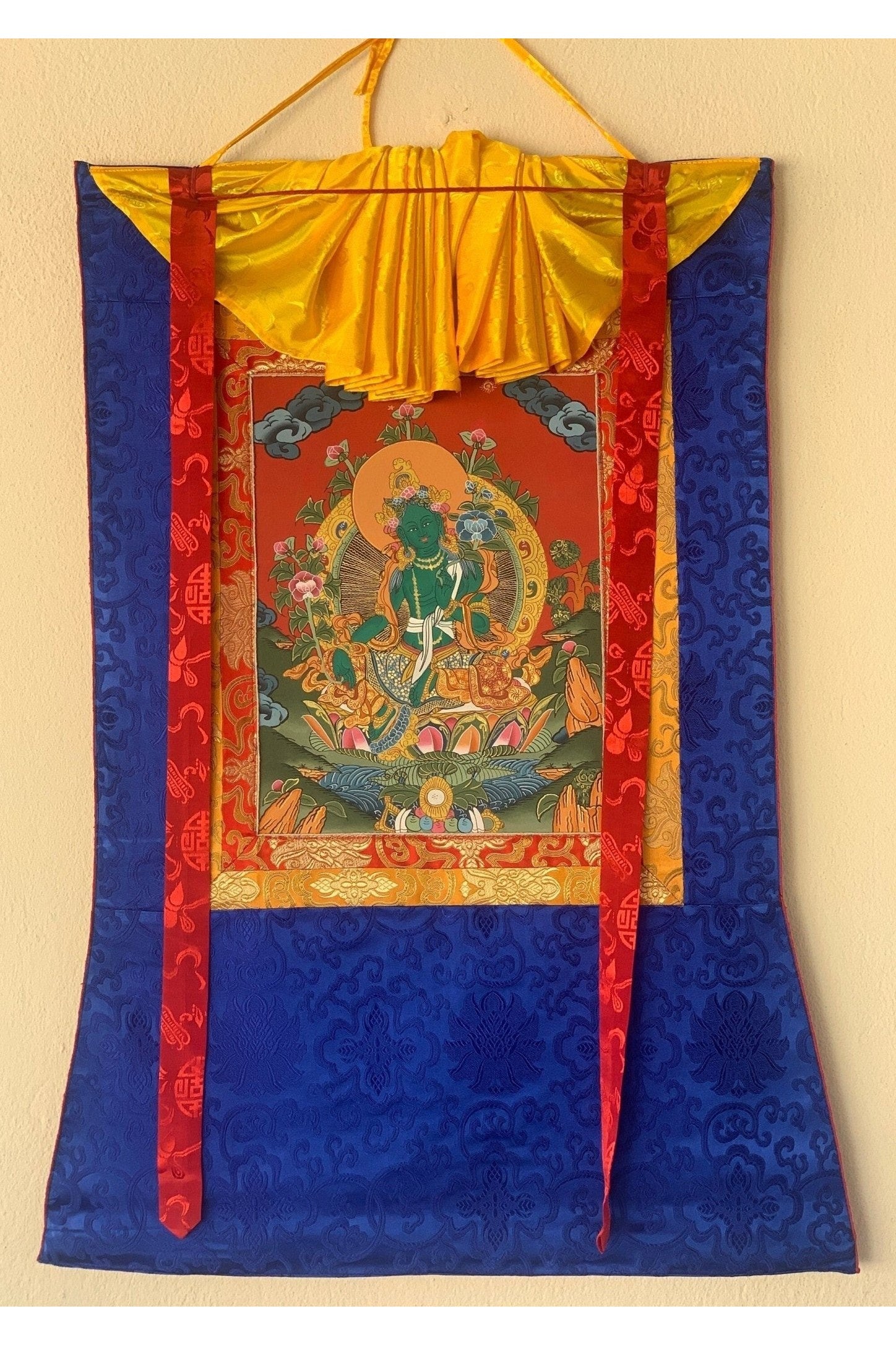 Green Tara, Shyamatara, Goddess of Compassion, Thangka Painting, Original Art with Silk Frame - Tibetan Thangka Art