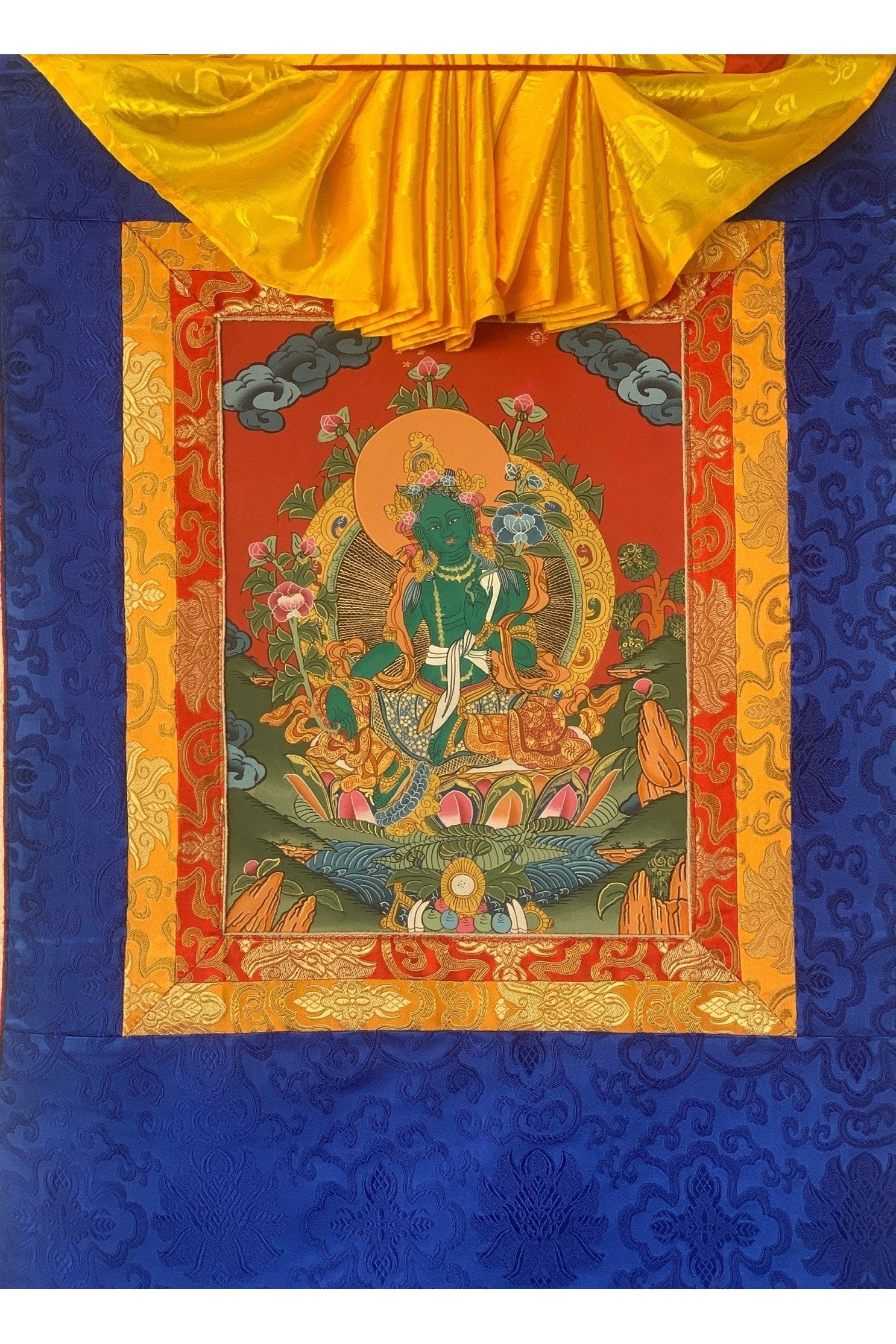 Green Tara, Shyamatara, Goddess of Compassion, Thangka Painting, Original Art with Silk Frame - Tibetan Thangka Art