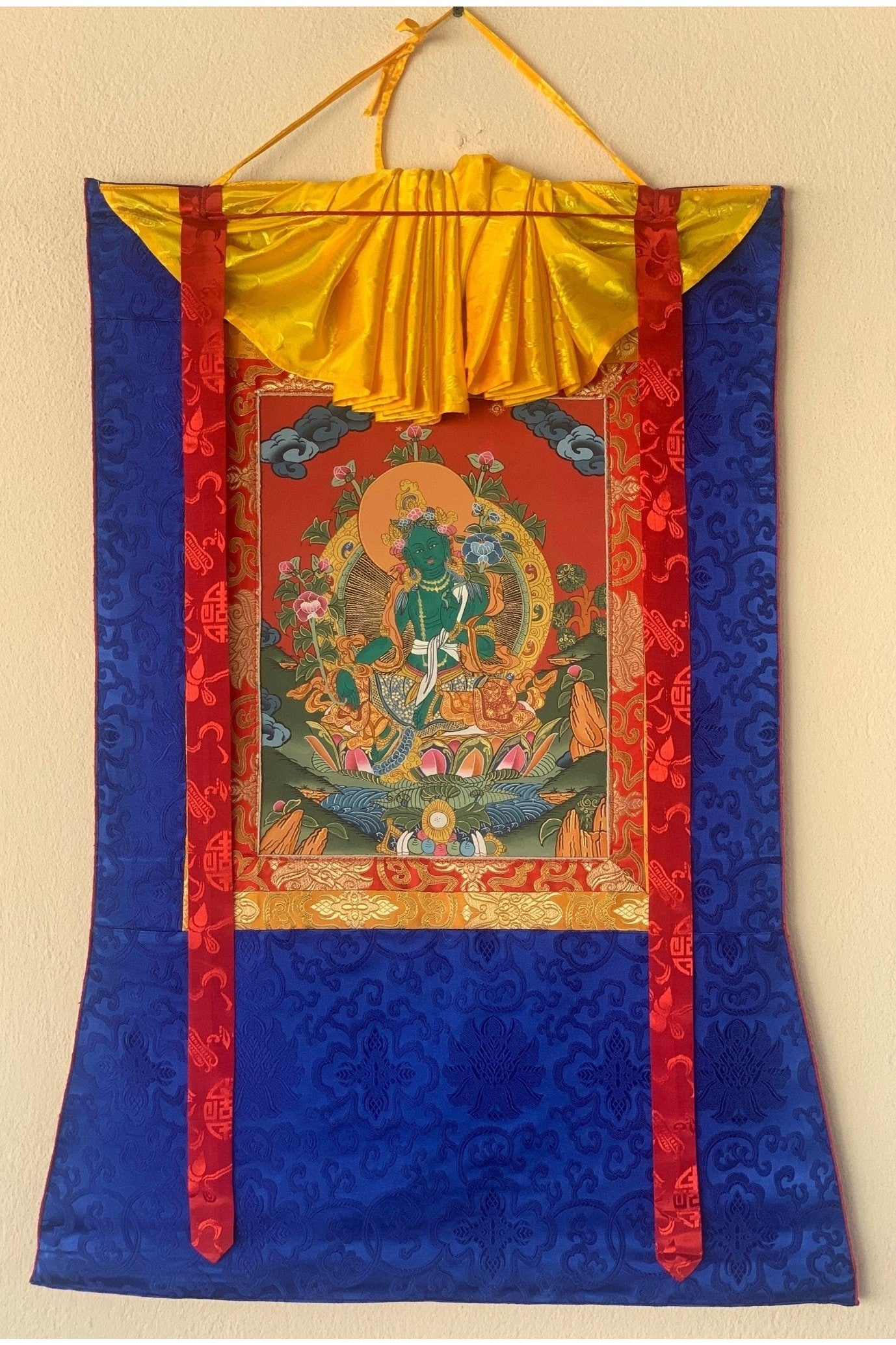 Green Tara, Shyamatara, Goddess of Compassion, Thangka Painting, Original Art with Silk Frame - Tibetan Thangka Art