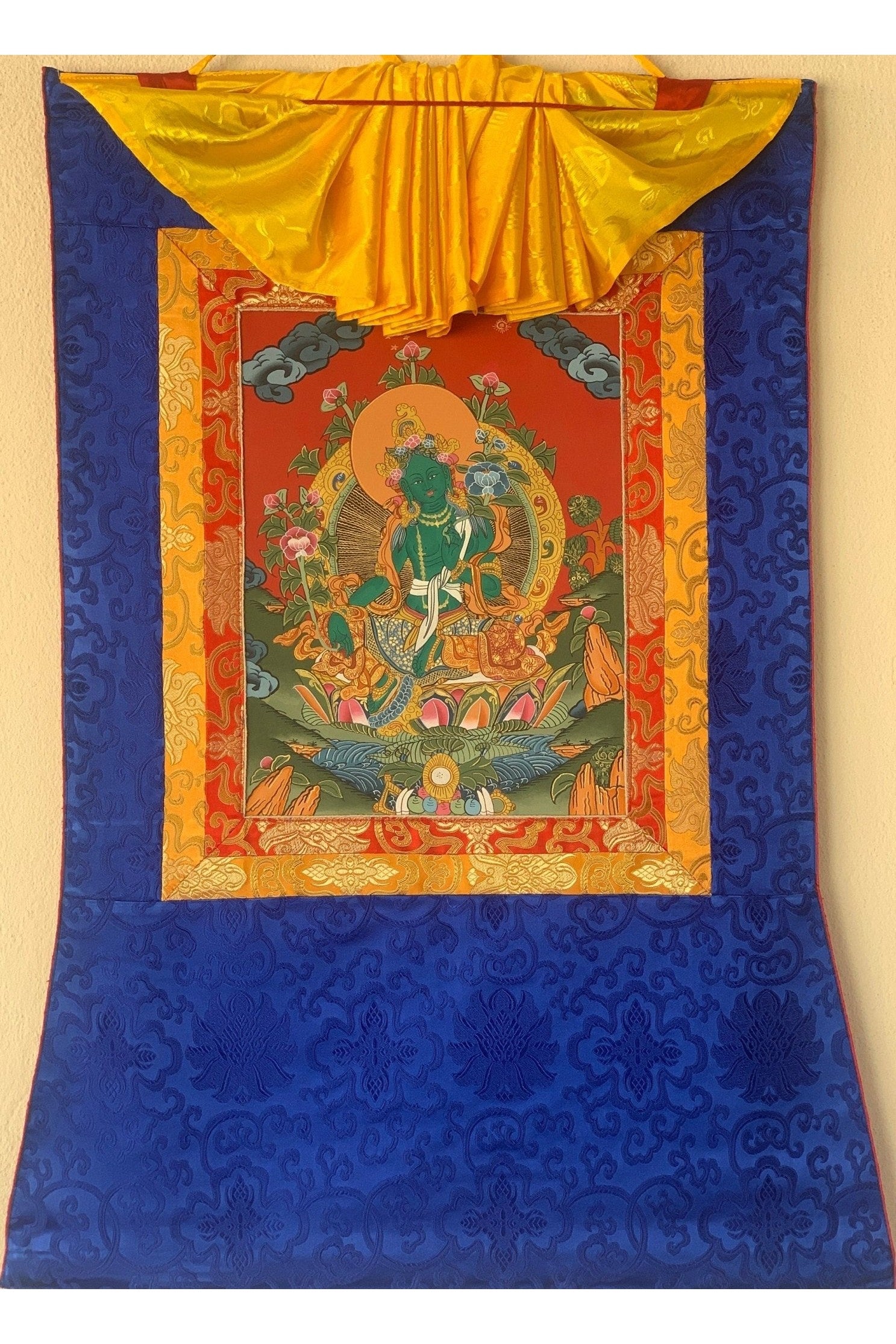 Green Tara, Shyamatara, Goddess of Compassion, Thangka Painting, Original Art with Silk Frame - Tibetan Thangka Art