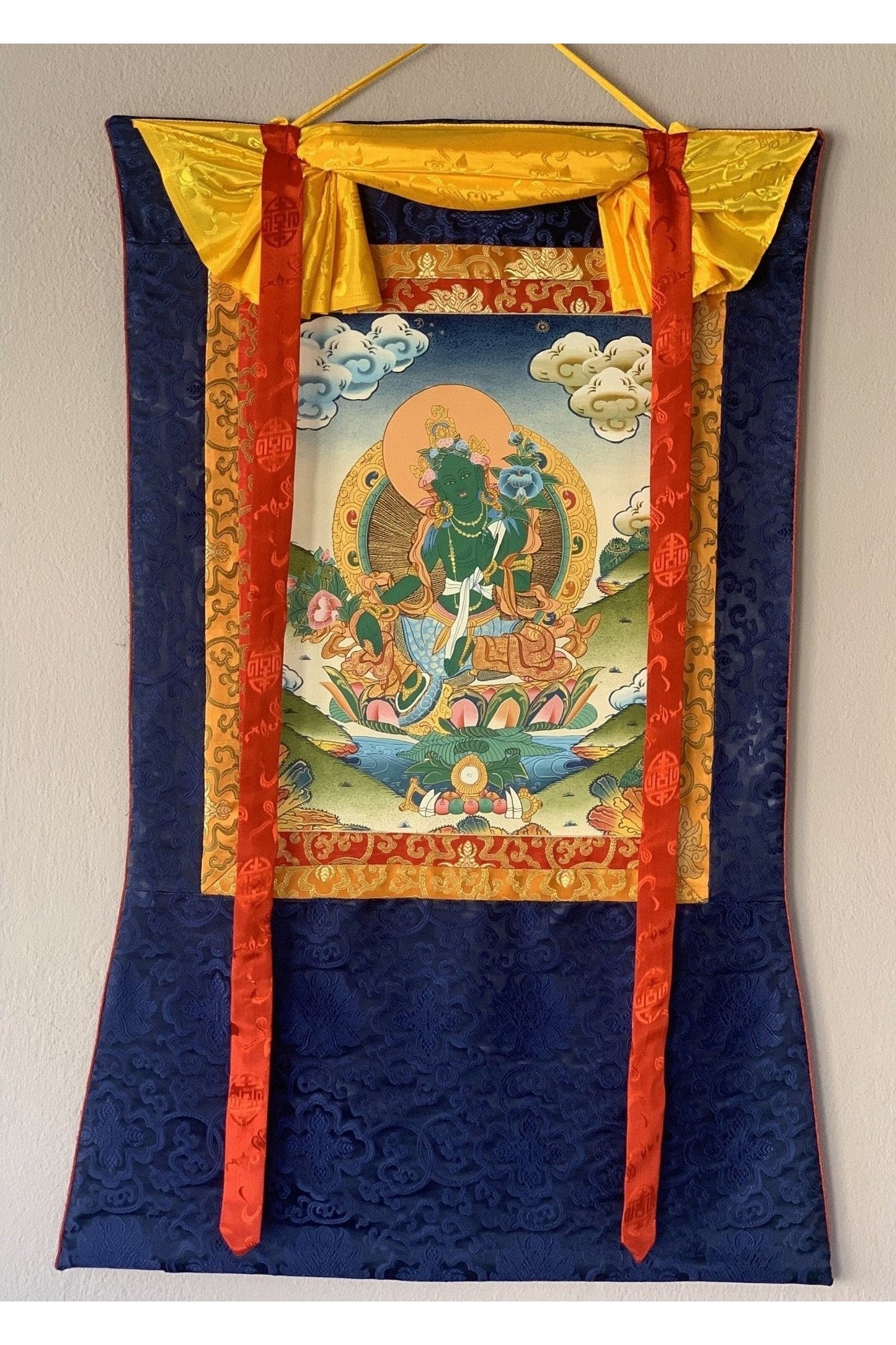 Green Tara Shyamatara Goddess of Compassion Tibetan Thangka Painting Original Art, with Blue Silk Brocade - Tibetan Thangka Art