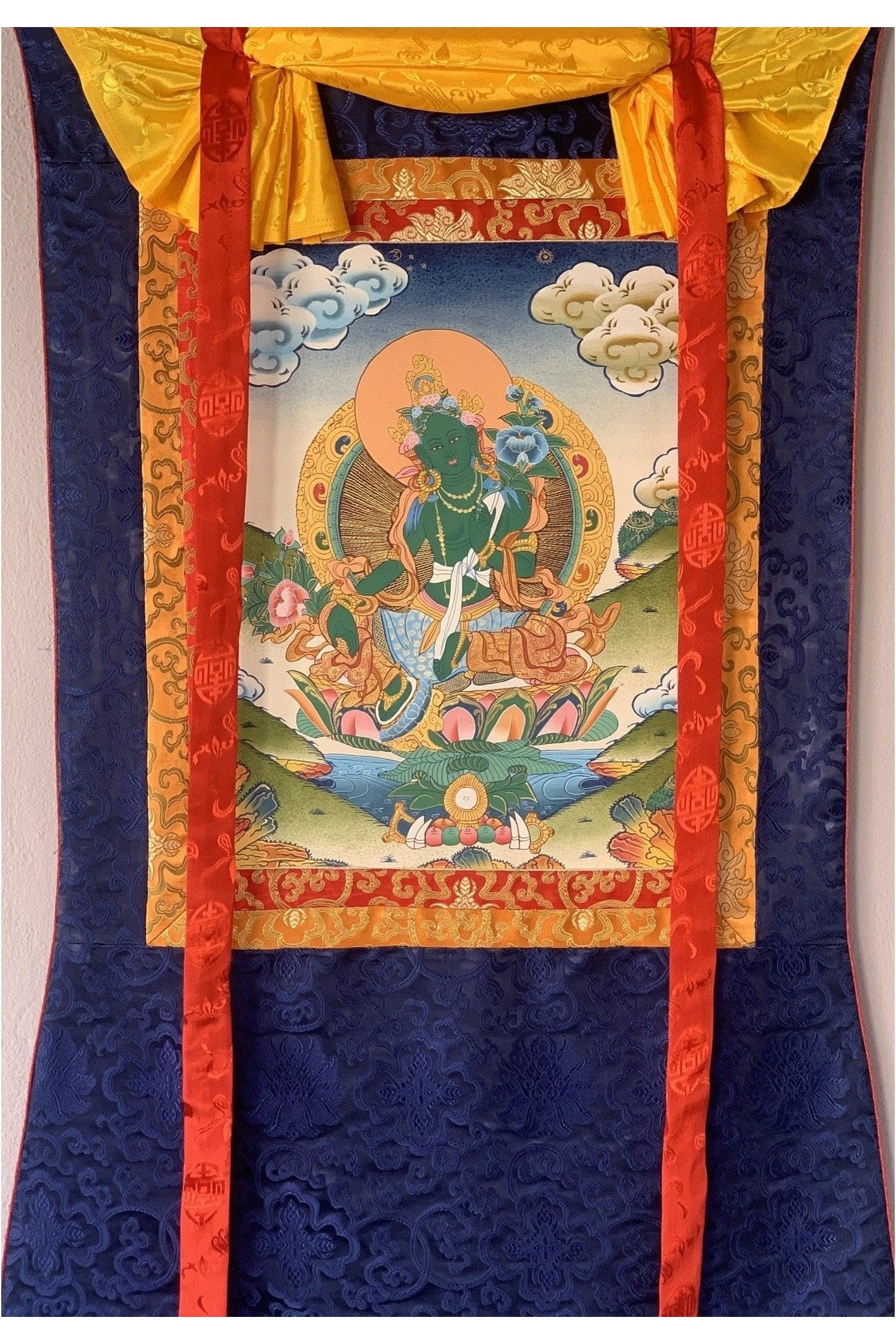 Green Tara Shyamatara Goddess of Compassion Tibetan Thangka Painting Original Art, with Blue Silk Brocade - Tibetan Thangka Art