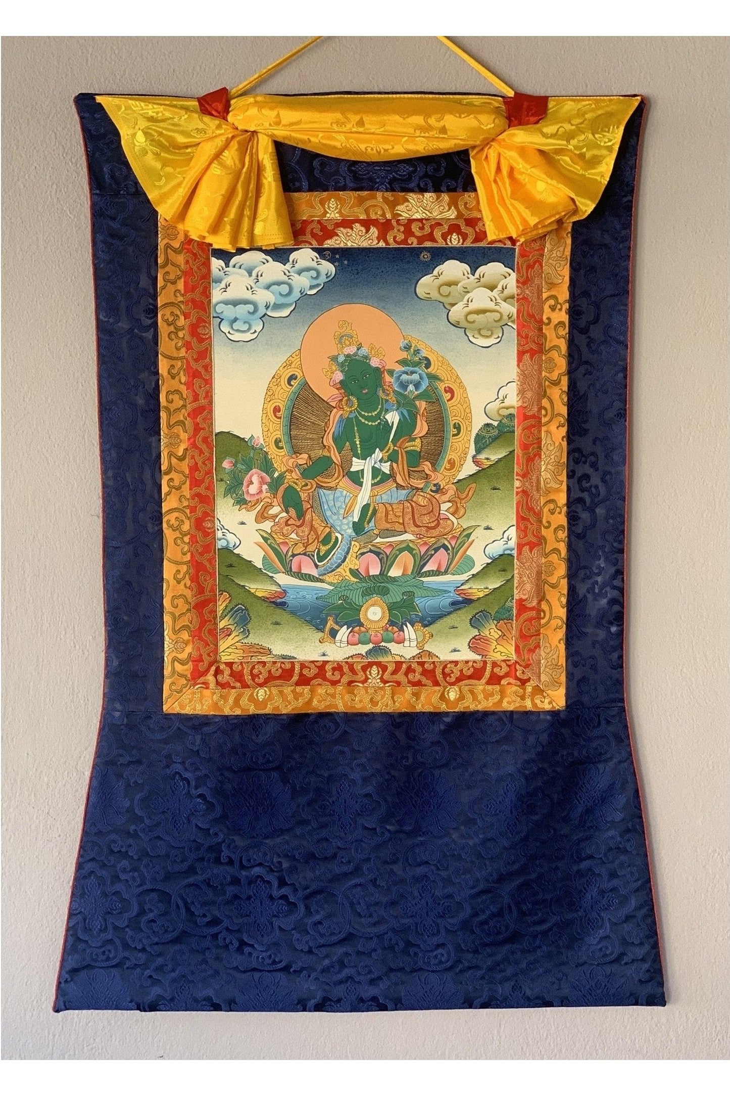 Green Tara Shyamatara Goddess of Compassion Tibetan Thangka Painting Original Art, with Blue Silk Brocade - Tibetan Thangka Art