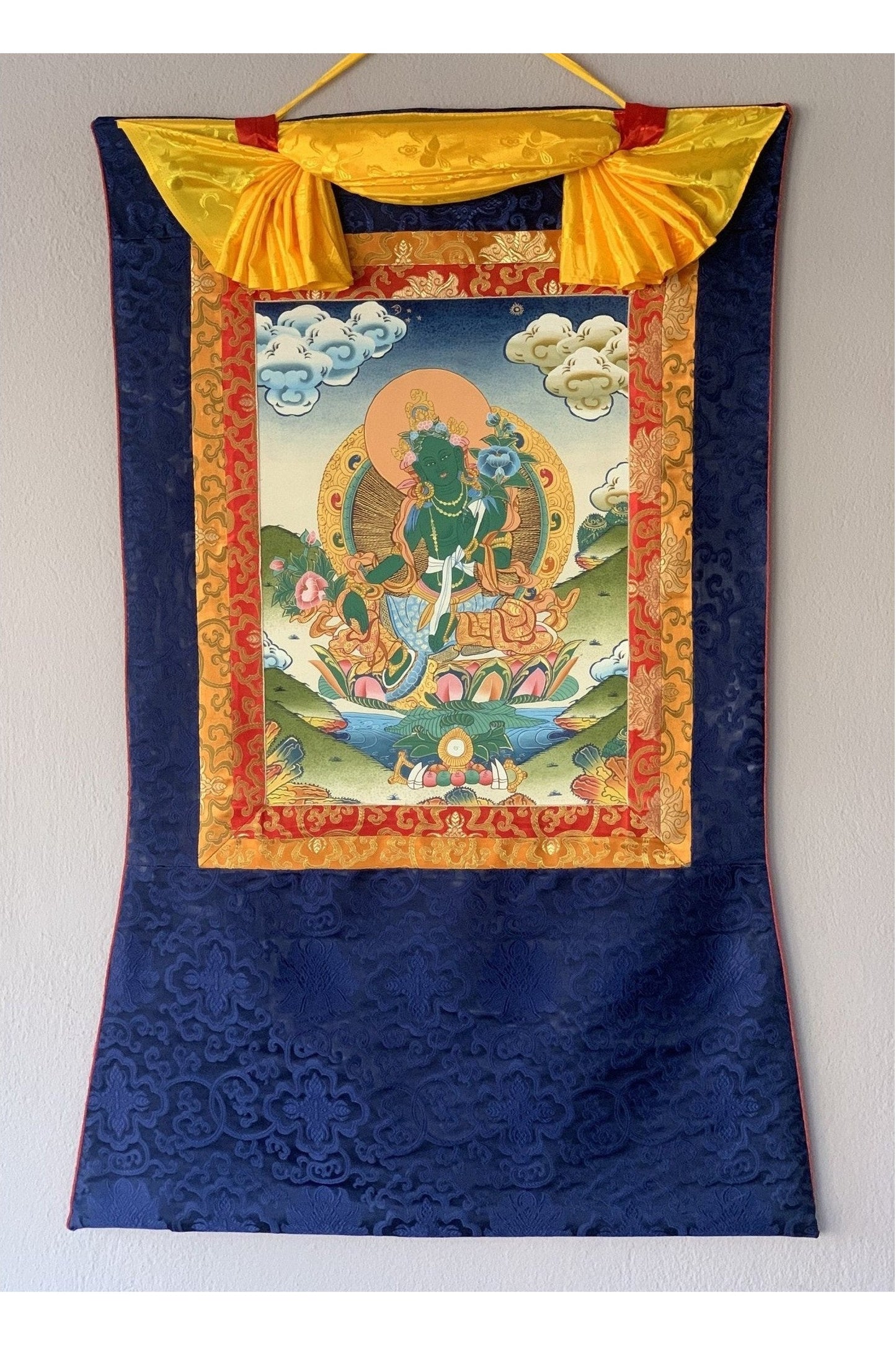 Green Tara Shyamatara Goddess of Compassion Tibetan Thangka Painting Original Art, with Blue Silk Brocade - Tibetan Thangka Art