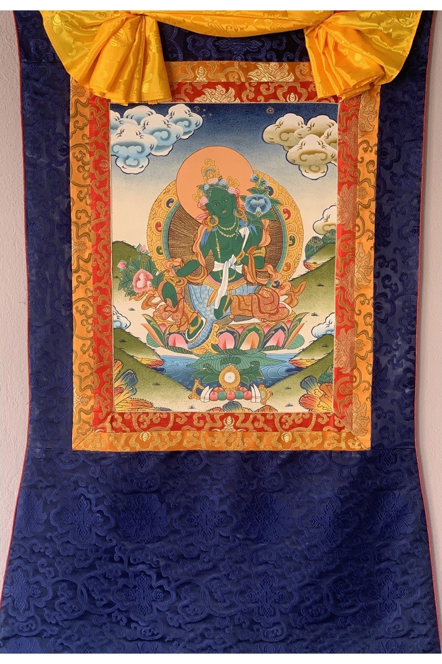 Green Tara Shyamatara Goddess of Compassion Tibetan Thangka Painting Original Art, with Blue Silk Brocade - Tibetan Thangka Art