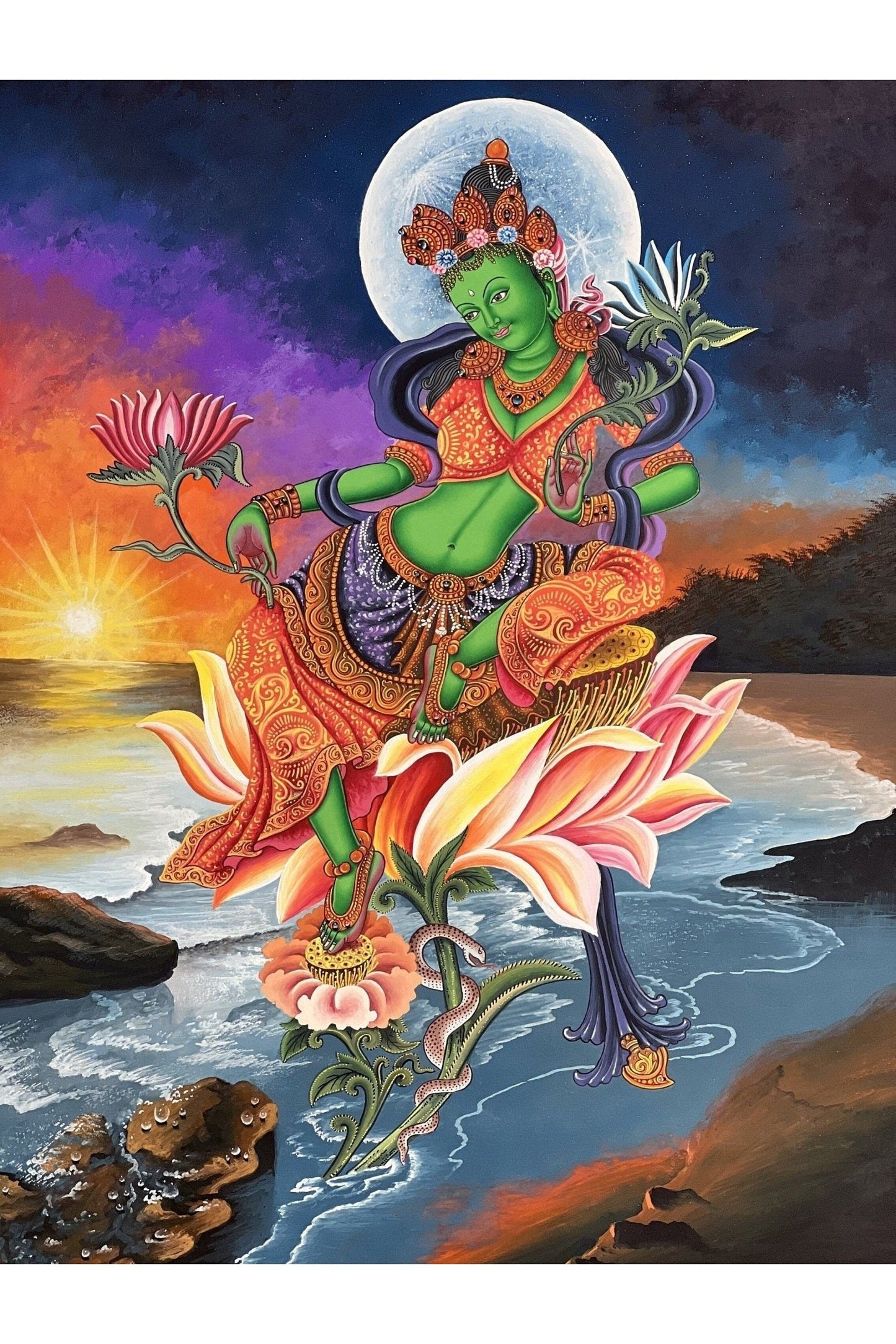 Green Tara/ Shyamatara Masterpiece Newari Paubha/Pauva Thangka Painting Original Hand - Painting Newari Art from Kathmandu valley - Tibetan Thangka Art