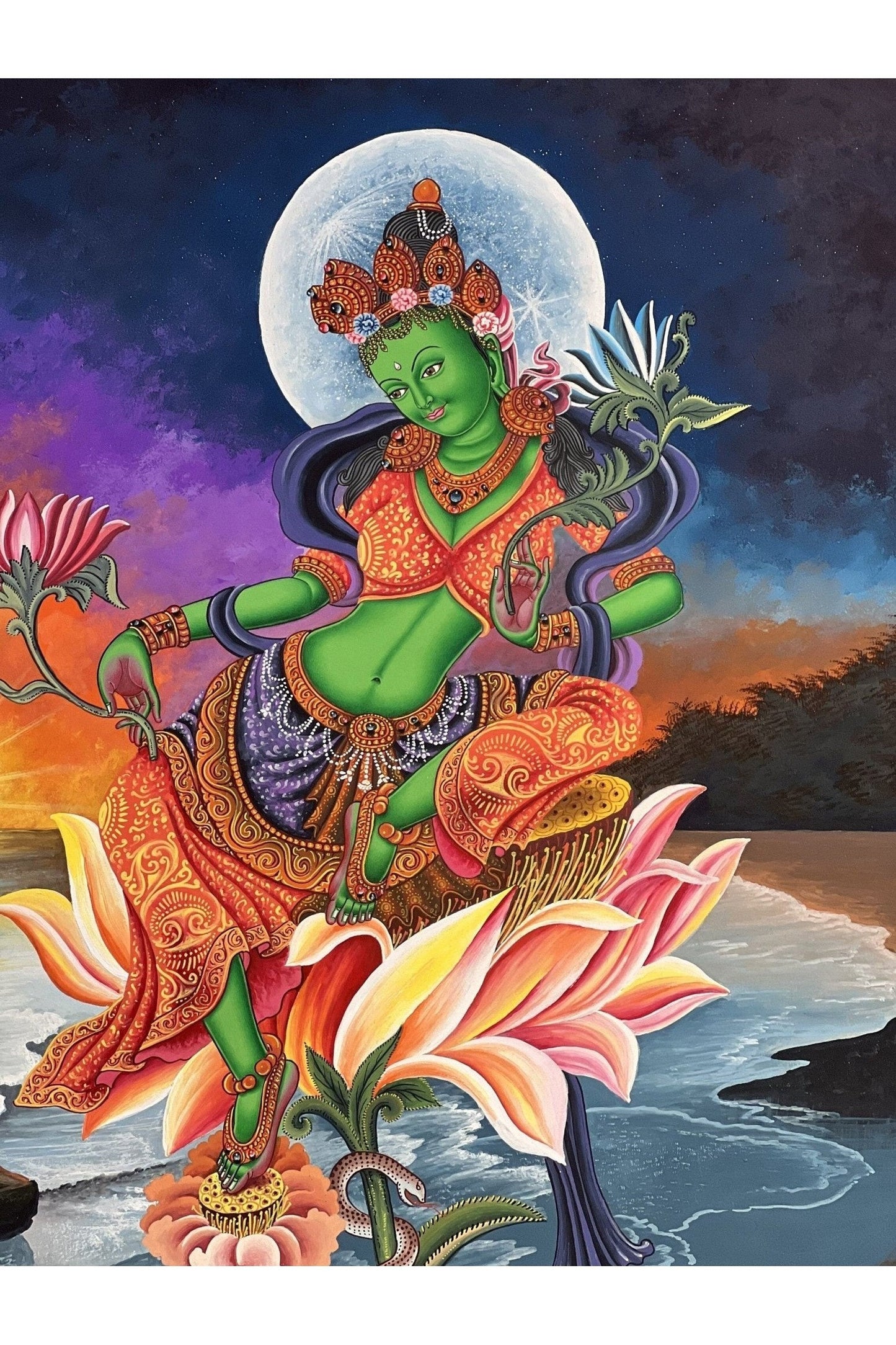 Green Tara/ Shyamatara Masterpiece Newari Paubha/Pauva Thangka Painting Original Hand - Painting Newari Art from Kathmandu valley - Tibetan Thangka Art