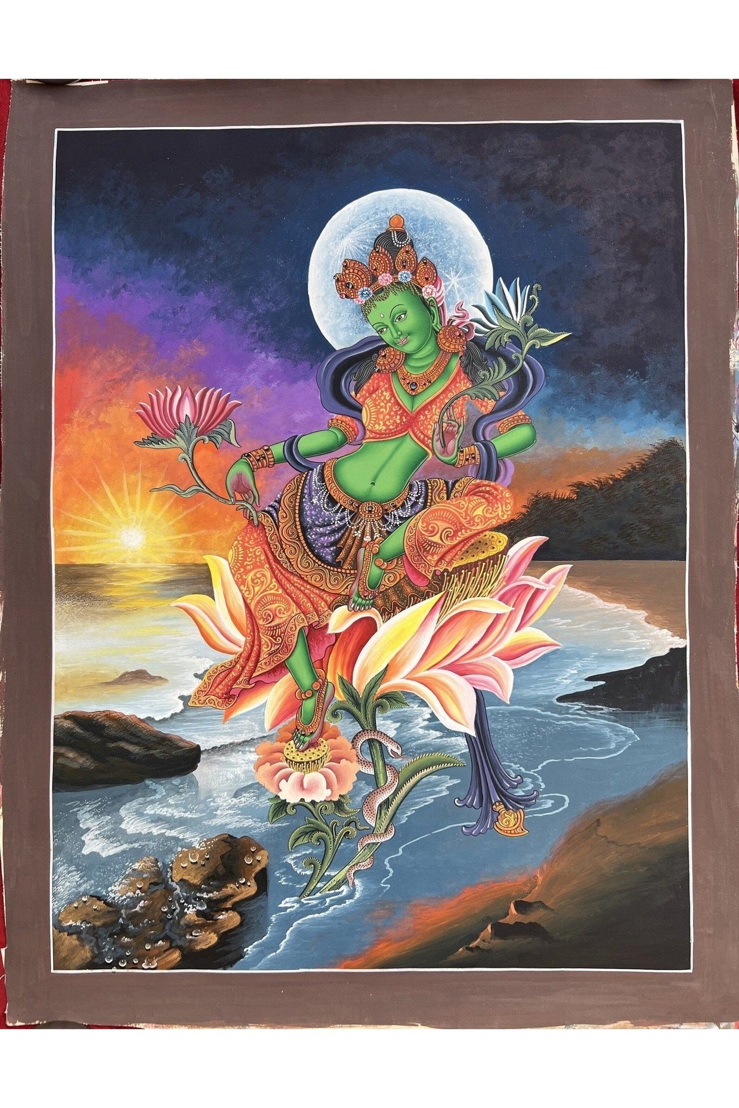 Green Tara/ Shyamatara Masterpiece Newari Paubha/Pauva Thangka Painting Original Hand - Painting Newari Art from Kathmandu valley - Tibetan Thangka Art