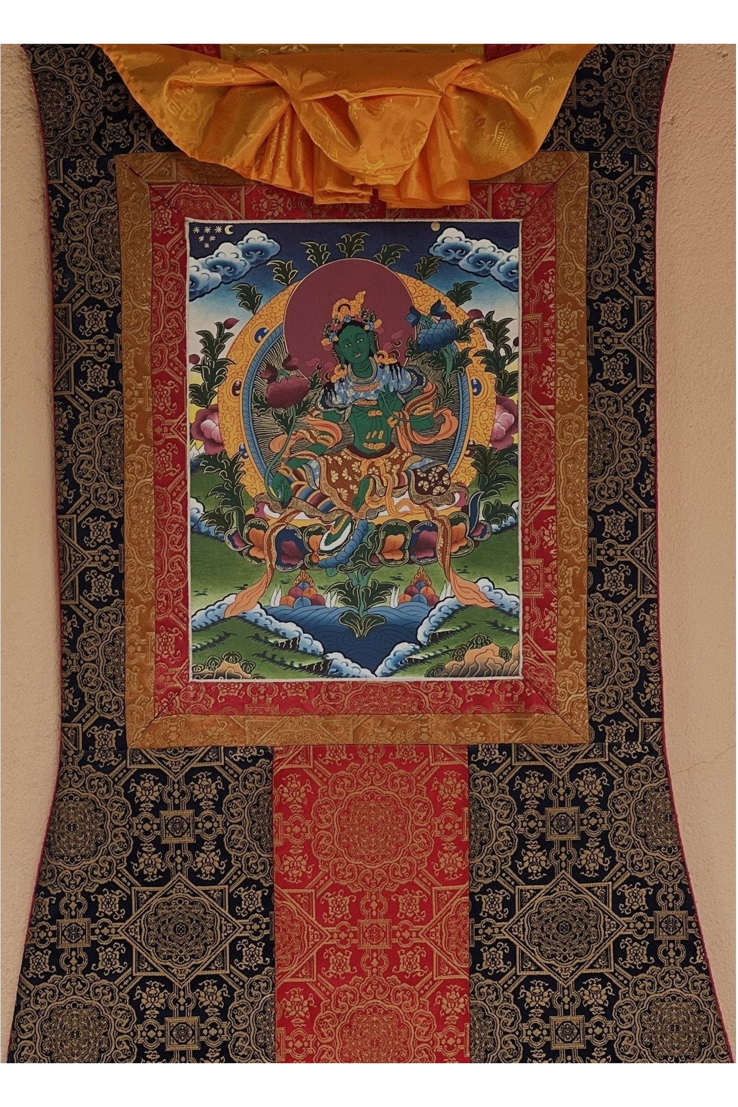 Green Tara/ Shyamatara/ Mother Goddess Master Quality Tibetan Thangka Painting Original Buddhist Art with Premium Silk Brocade - Tibetan Thangka Art