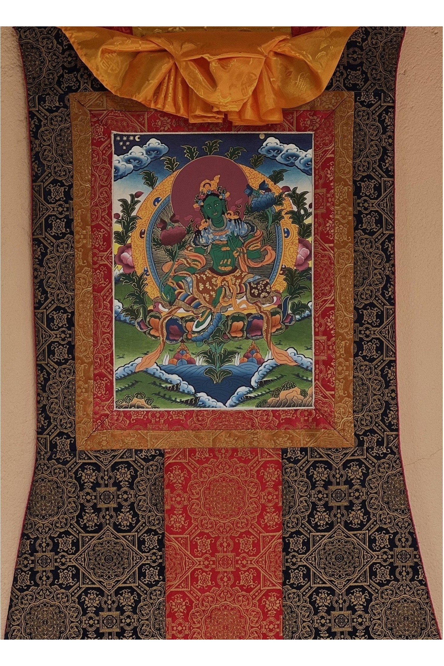 Green Tara/ Shyamatara/ Mother Goddess Master Quality Tibetan Thangka Painting Original Buddhist Art with Premium Silk Brocade - Tibetan Thangka Art