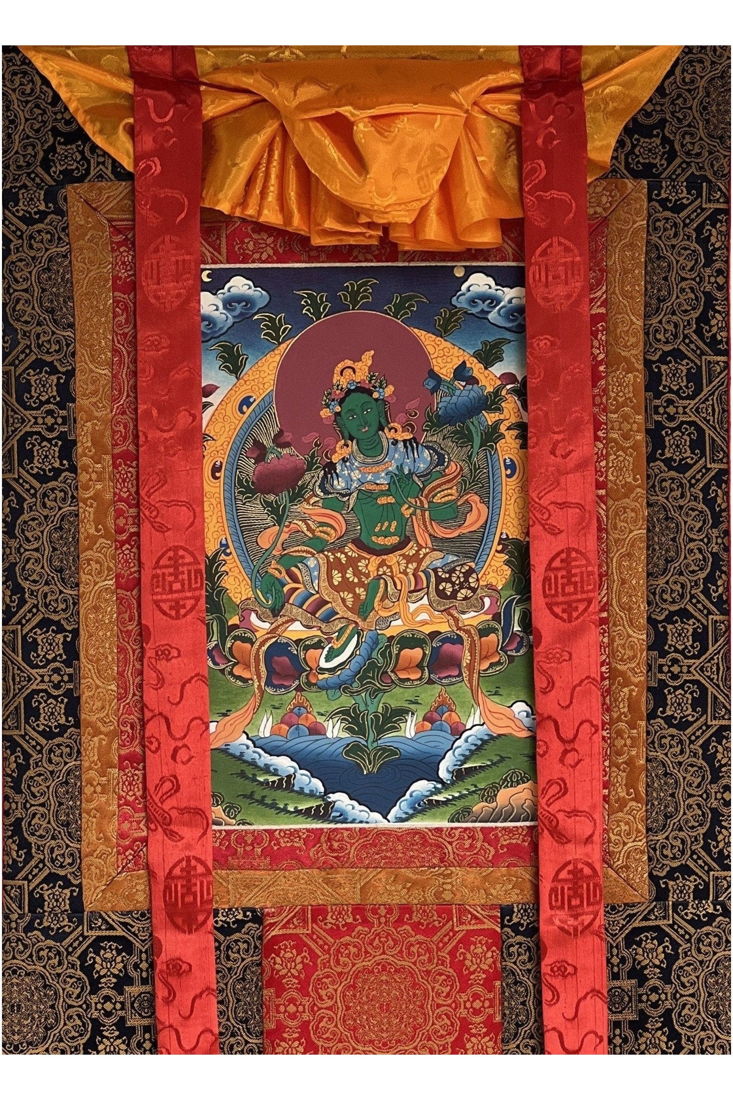 Green Tara/ Shyamatara/ Mother Goddess Master Quality Tibetan Thangka Painting Original Buddhist Art with Premium Silk Brocade - Tibetan Thangka Art