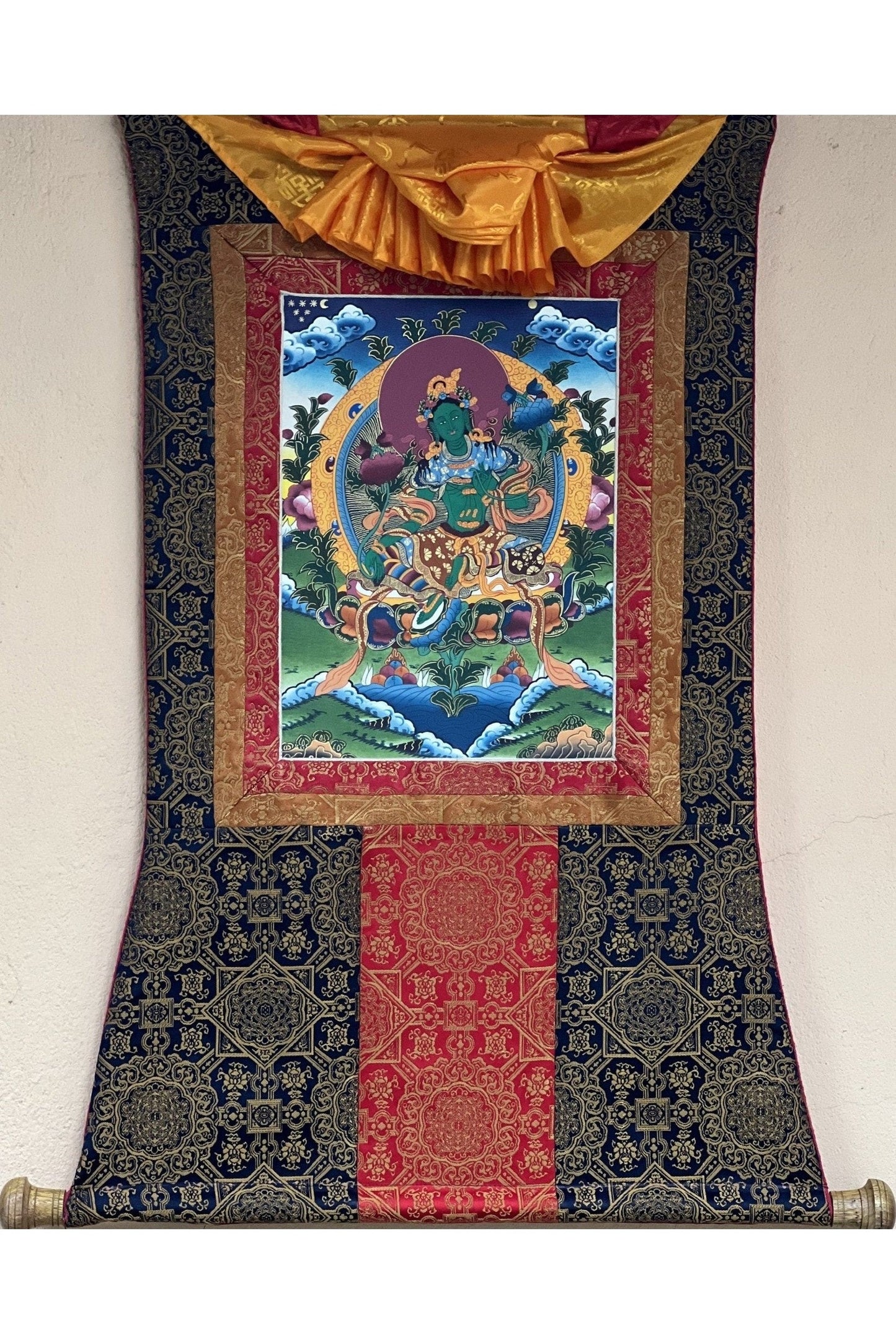 Green Tara/ Shyamatara/ Mother Goddess Master Quality Tibetan Thangka Painting Original Buddhist Art with Premium Silk Brocade - Tibetan Thangka Art