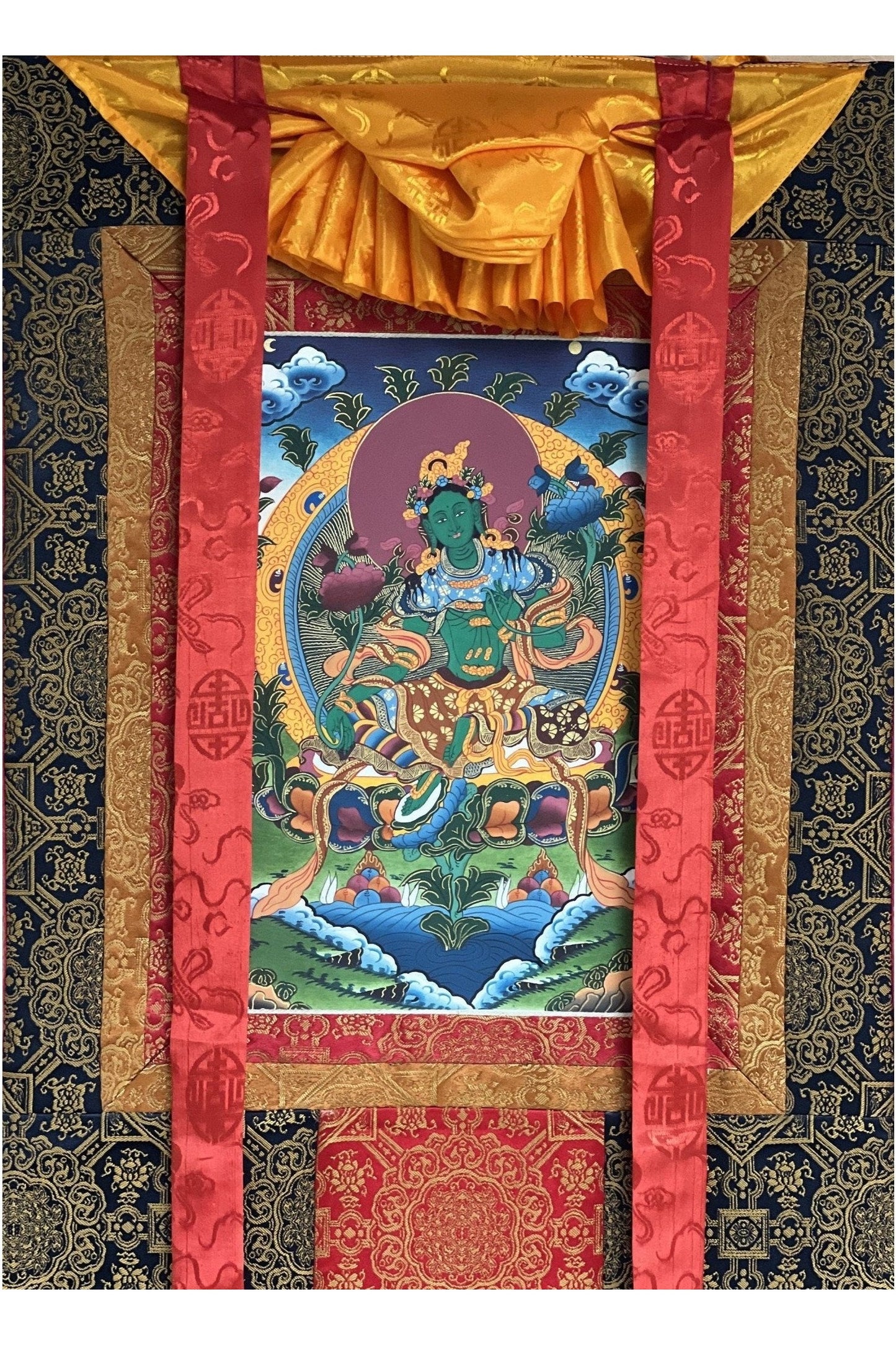 Green Tara/ Shyamatara/ Mother Goddess Master Quality Tibetan Thangka Painting Original Buddhist Art with Premium Silk Brocade - Tibetan Thangka Art