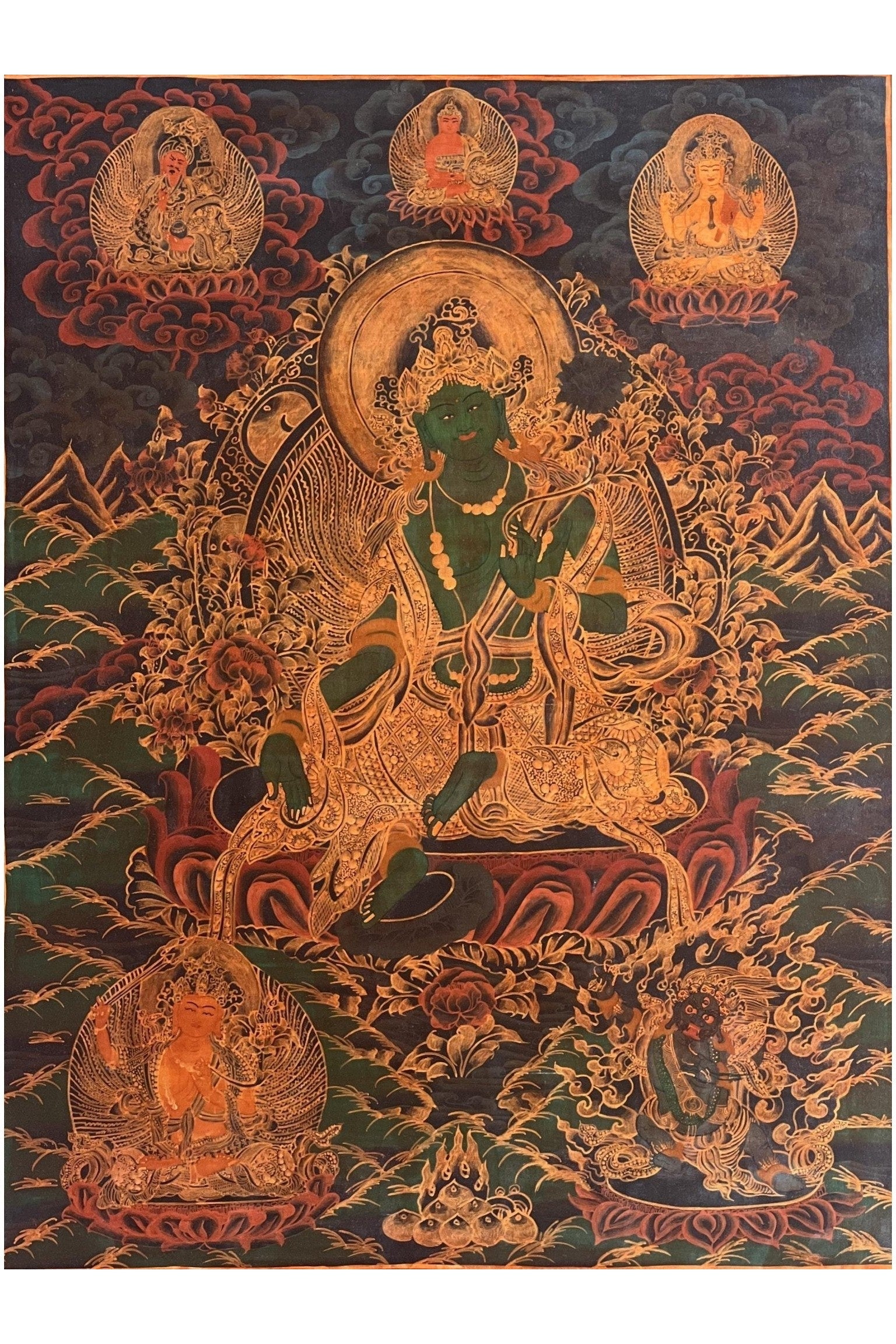 Green Tara Shyamatara Mother Goddess Old Oil Varnished Tibetan Thangka Painting Original Hand - painted Buddhist Art - Tibetan Thangka Art