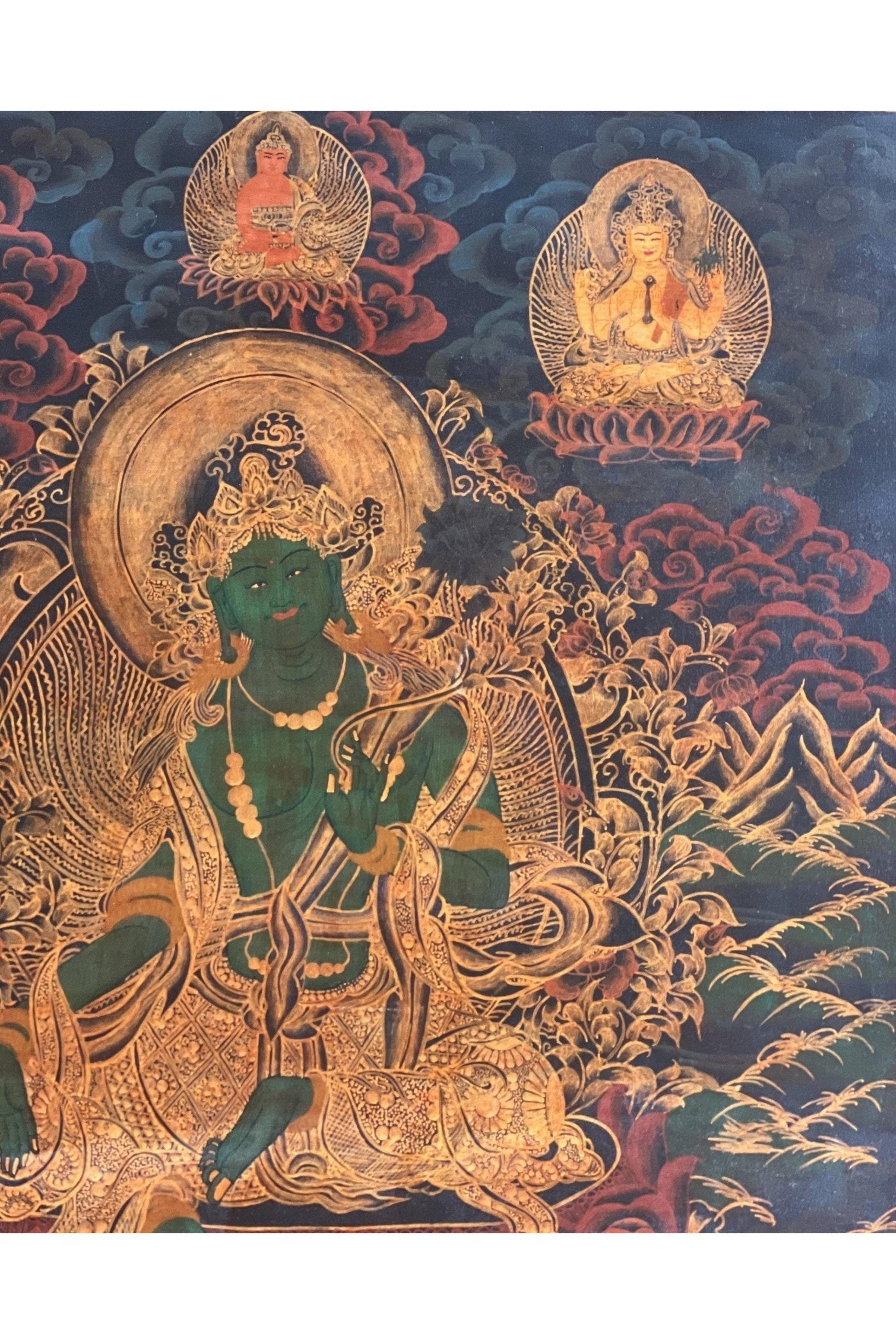 Green Tara Shyamatara Mother Goddess Old Oil Varnished Tibetan Thangka Painting Original Hand - painted Buddhist Art - Tibetan Thangka Art