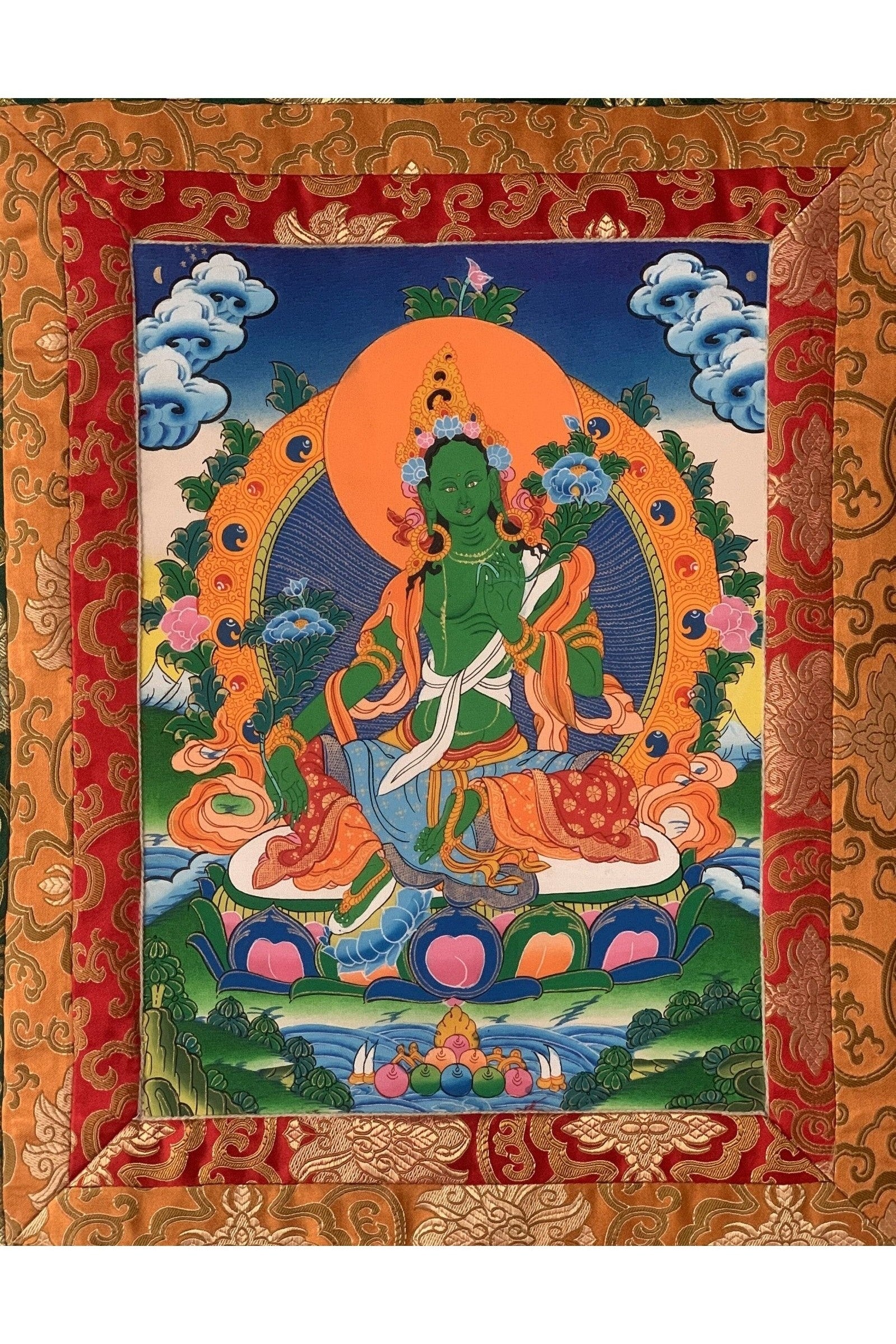 Green Tara/ Shyamatara Mother Goddess Tibetan Thangka Original Hand Painting with Silk Brocade - Tibetan Thangka Art