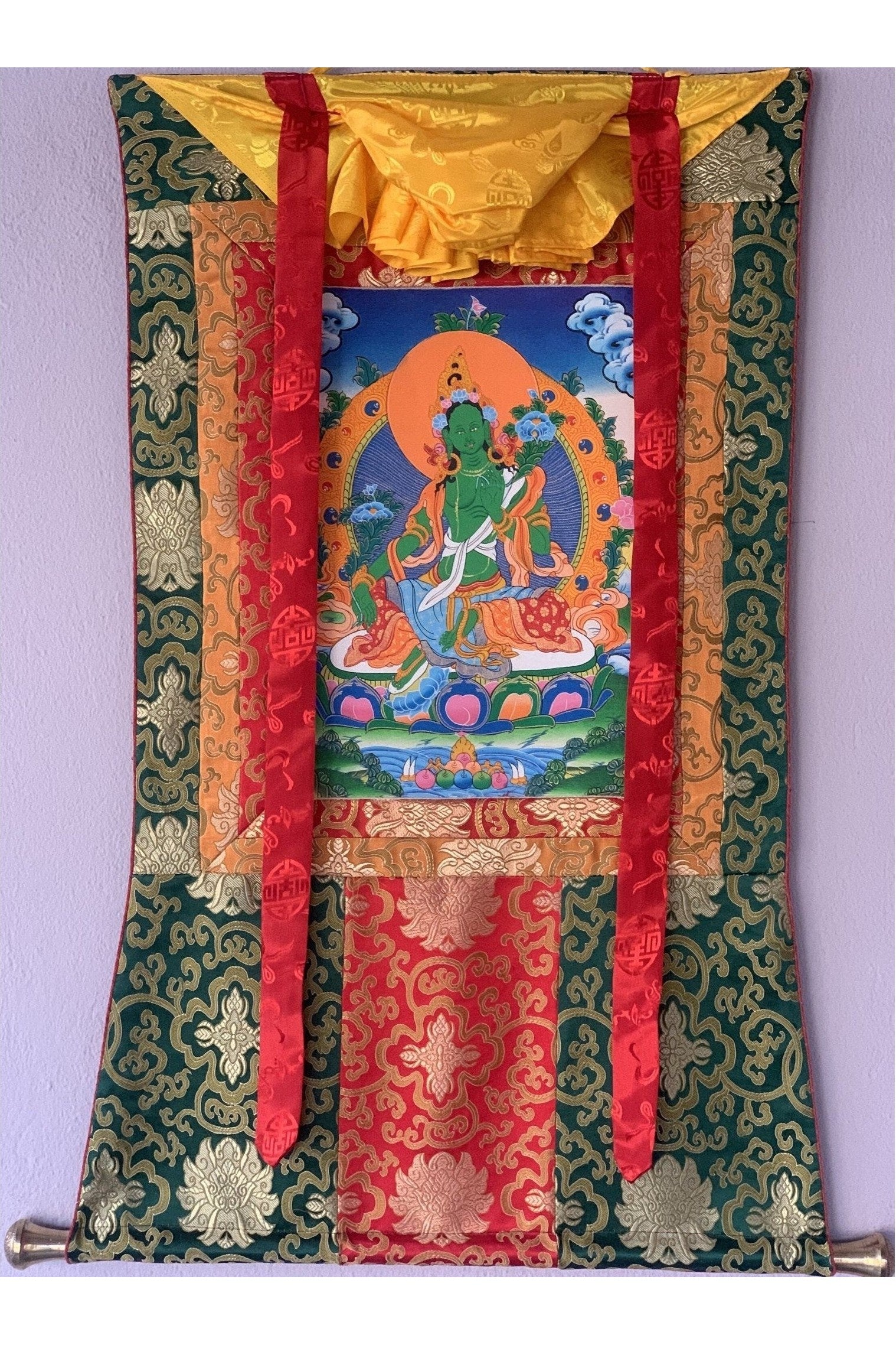 Green Tara/ Shyamatara Mother Goddess Tibetan Thangka Original Hand Painting with Silk Brocade - Tibetan Thangka Art